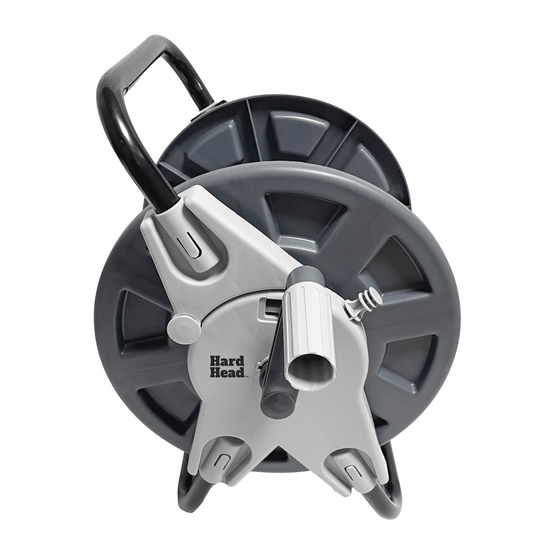 En grå og svart slangetrommel i plast og metall med håndtak, merket "Hard Head". Rullen er tom og viser den sentrale spolen og oppviklingsmekanismen.