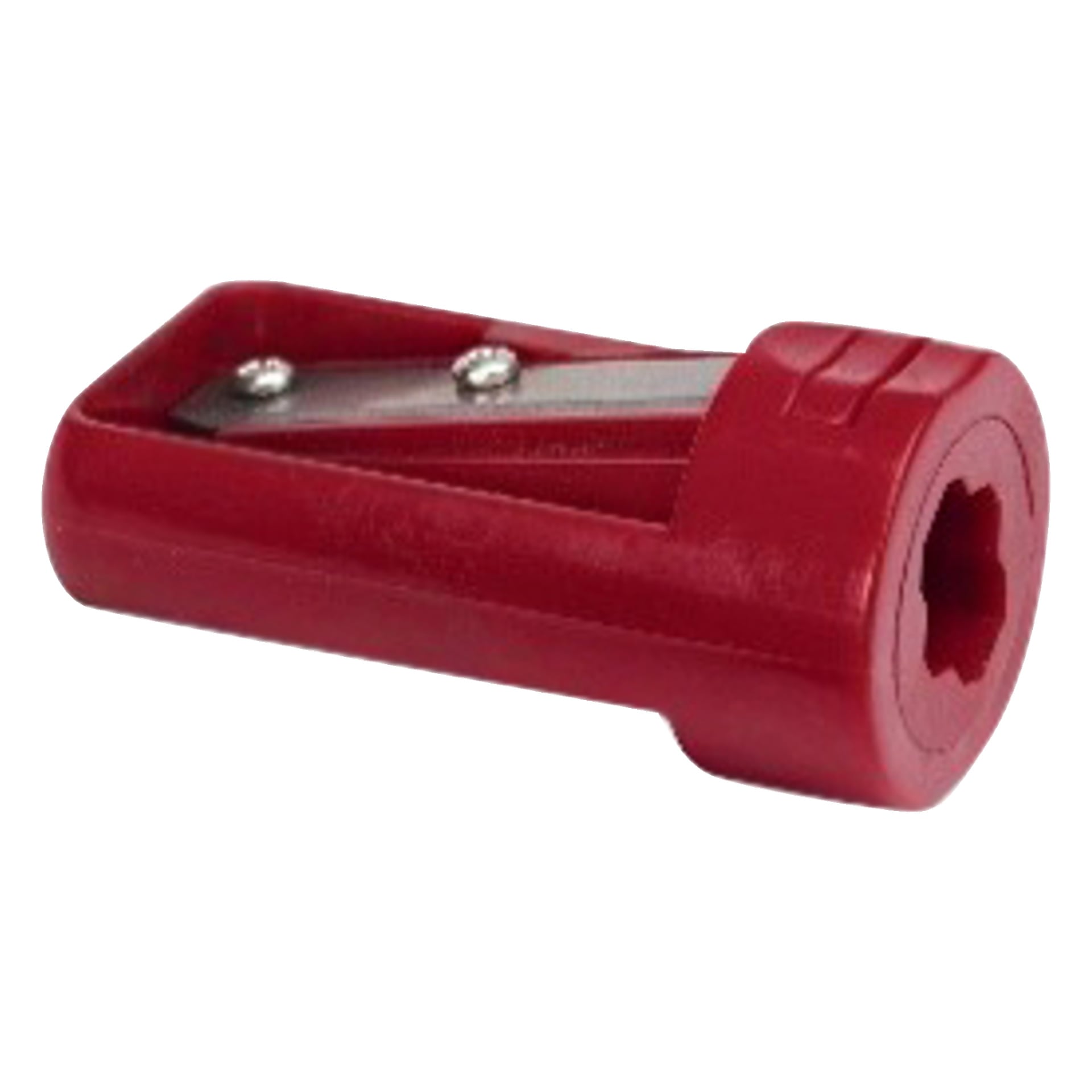 Meec Tools 2-pack snickarpennvässare med röd cylindrisk form och ett metallblad fäst med en skruv.