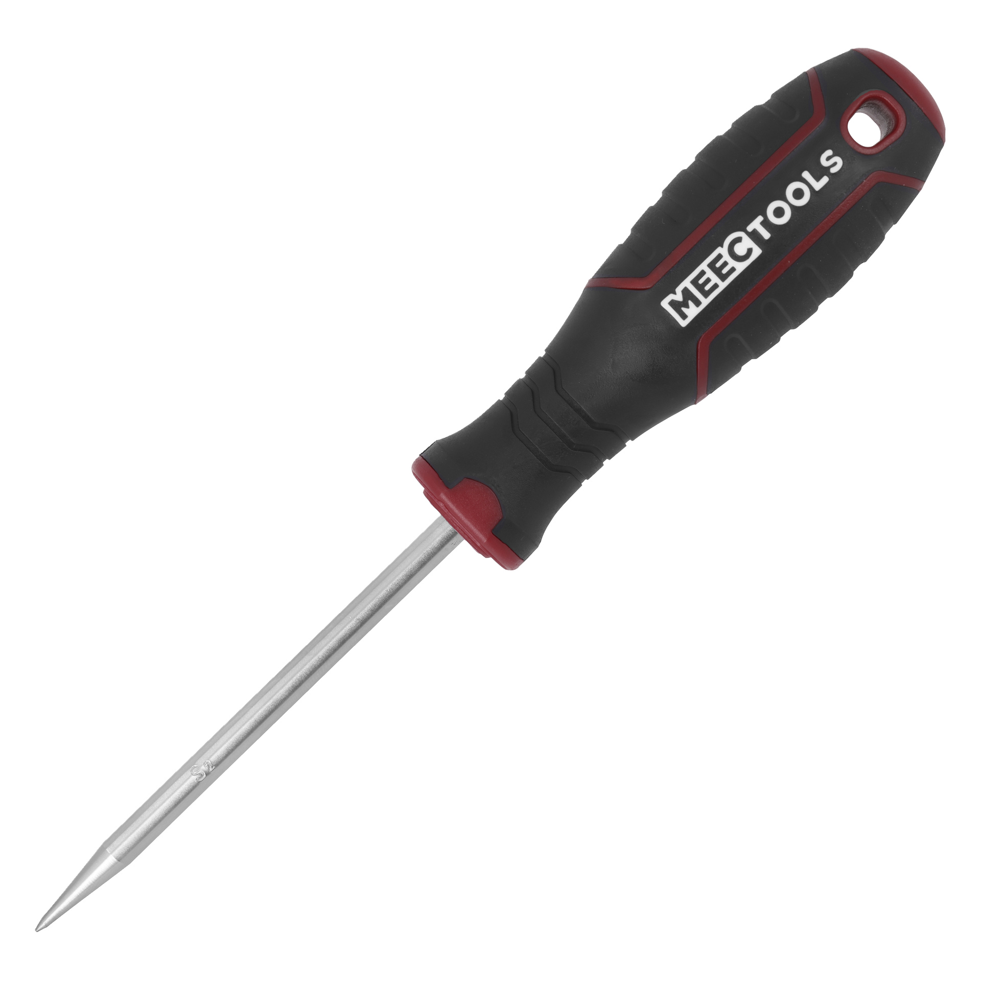 En Meec Tools-syl med spetsig metallspets och ett bekvämt svart-rött handtag.