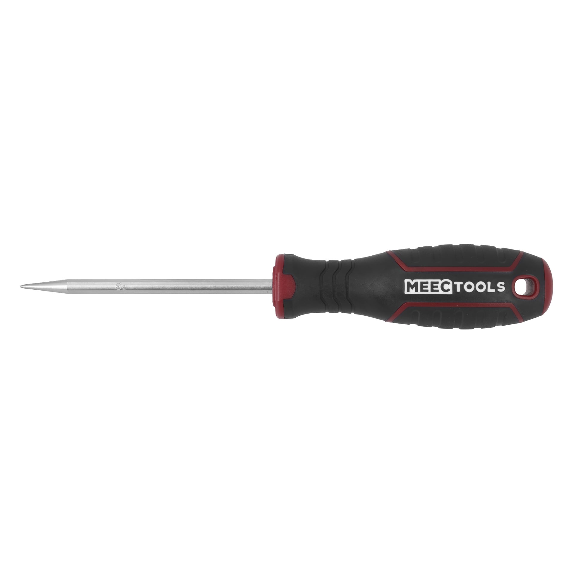 En vass metallsyl från Meec Tools, med ett svart och rött gummigrepp och ett ovalt hål nära handtagets ände.