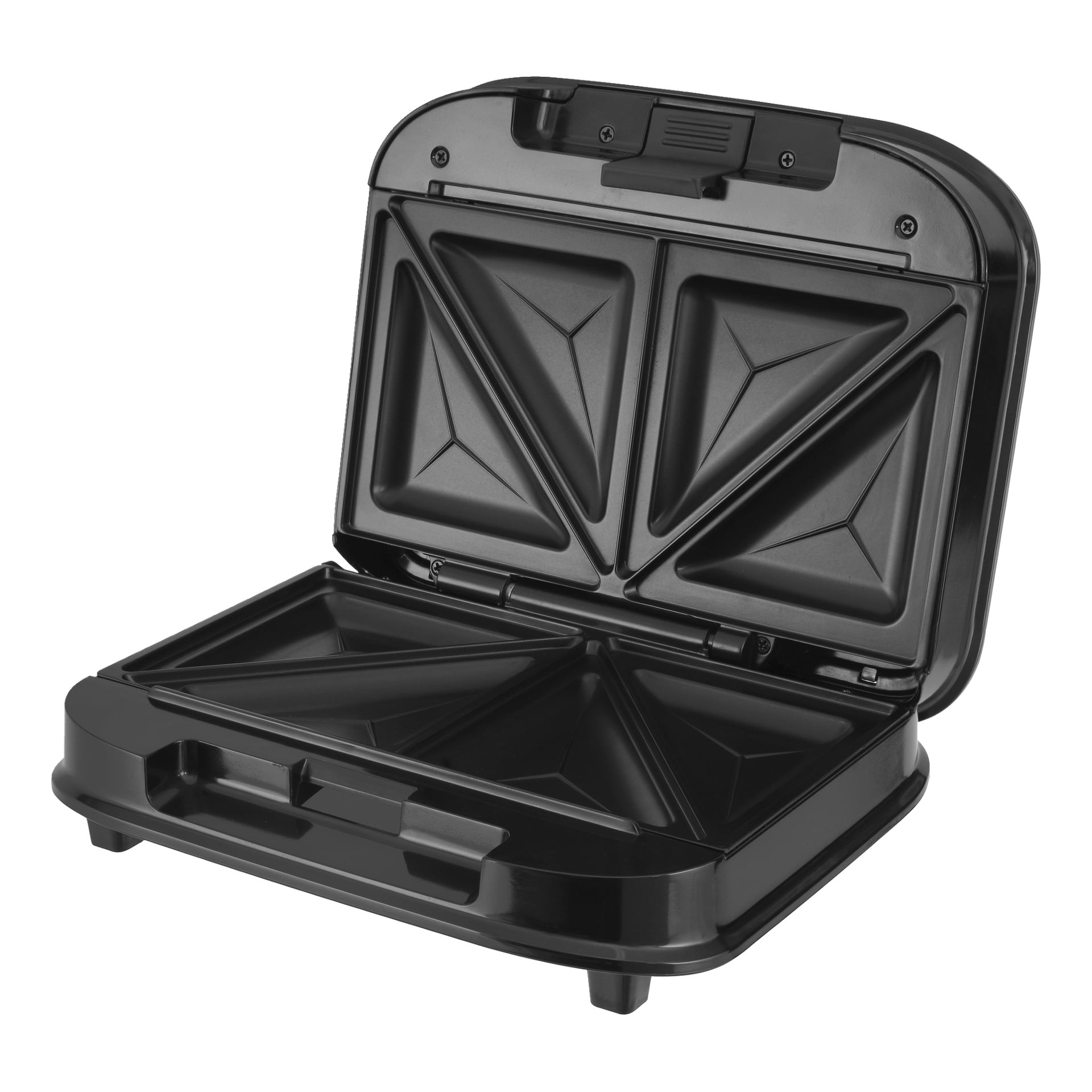 Bright Sandwich Grill är en öppen svart anordning med två triangulära formar för att göra rostade smörgåsar, som visas tomma.