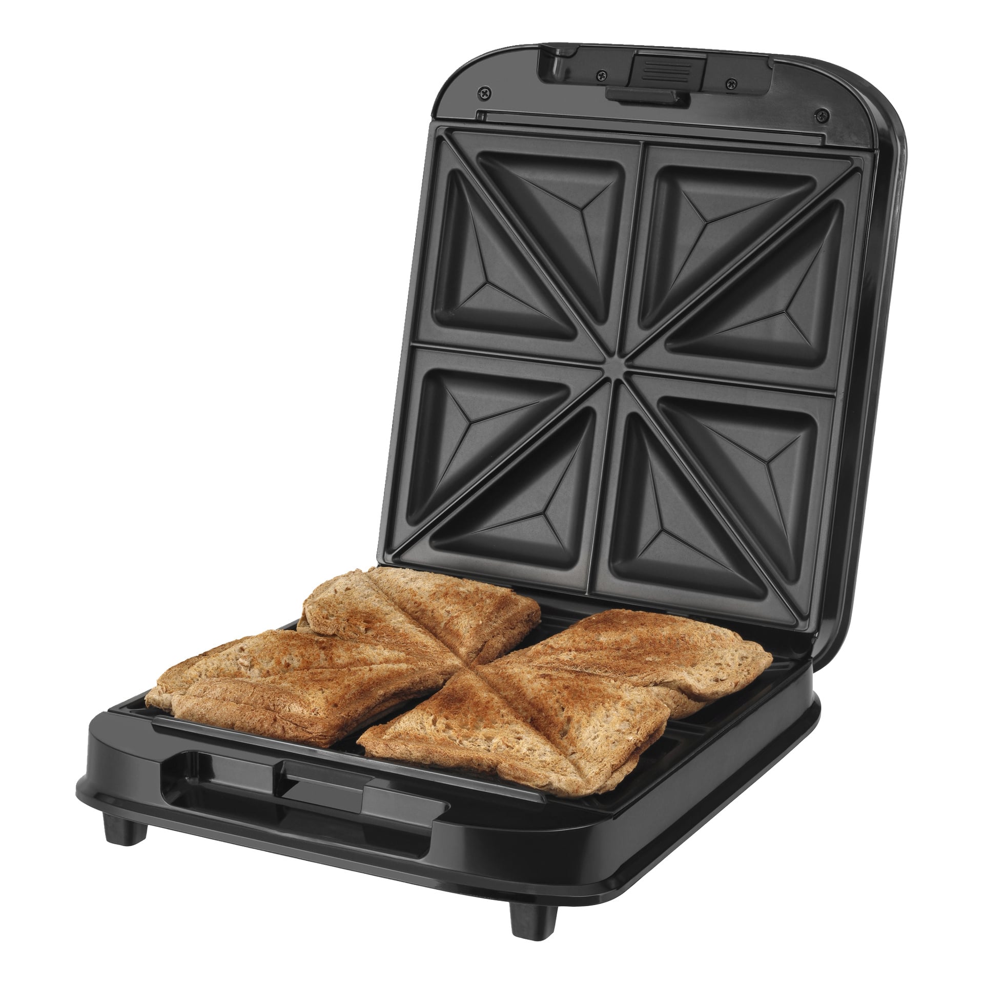 En öppen Bright Sandwich-grill rymmer fyra rostade smörgåsar, var och en prydligt skuren i två trianglar.