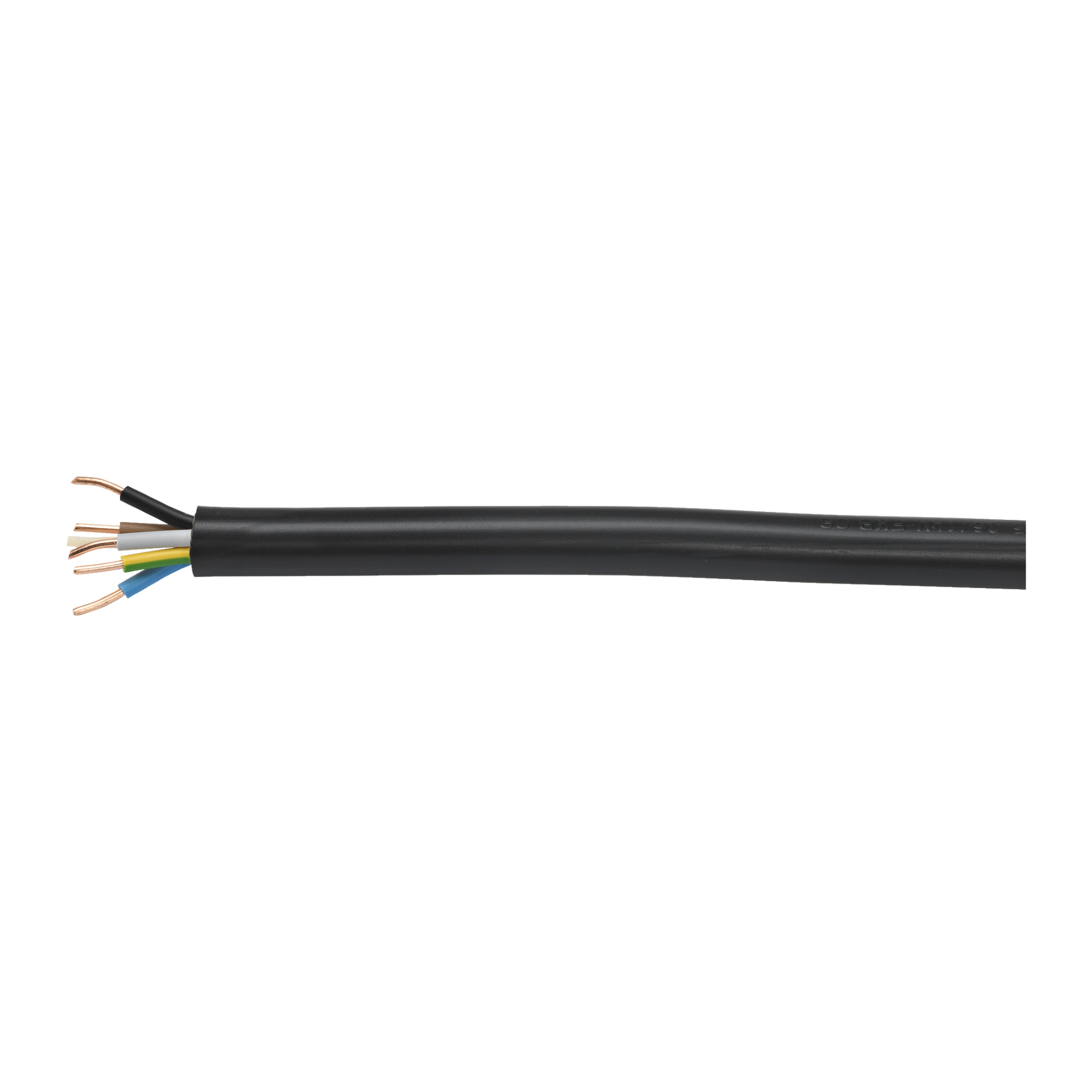 Kabel YKY firmy AKS Zielonka z czarną obudową i kilkoma kolorowymi przewodami widocznymi na jednym końcu, w tym miedzianym, białym, niebieskim, żółto-zielonym, brązowym i czarnym.