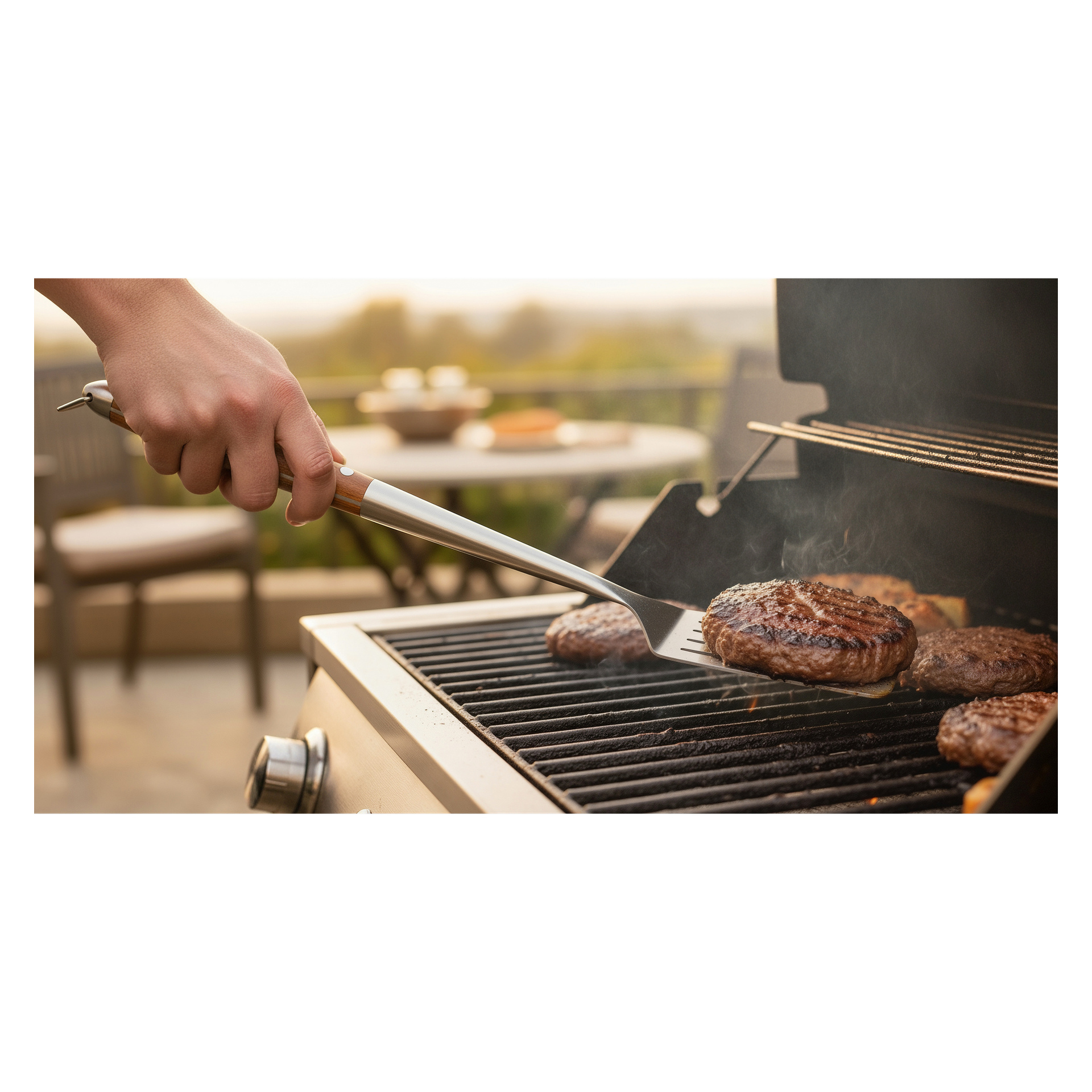 En hand vänder en hamburgarbiff på grillen med en Burns & Barkles-stekspade medan två ytterligare biffar tillagas; Utemöbler är i bakgrunden.