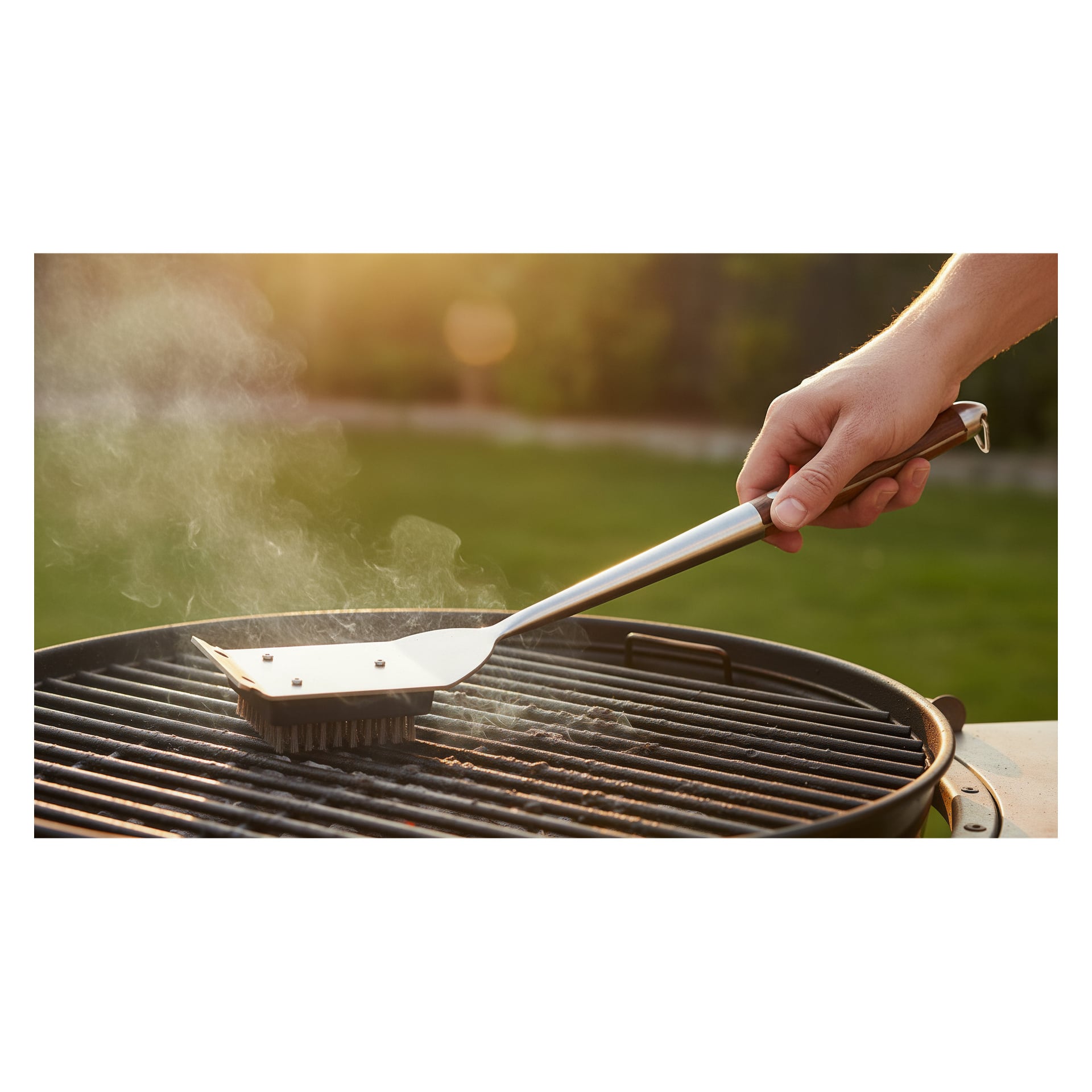 Man rengör en rund grill med en Burns & Barkles grillborste, metallhandtaget synligt, rök stiger över gräset utomhus.