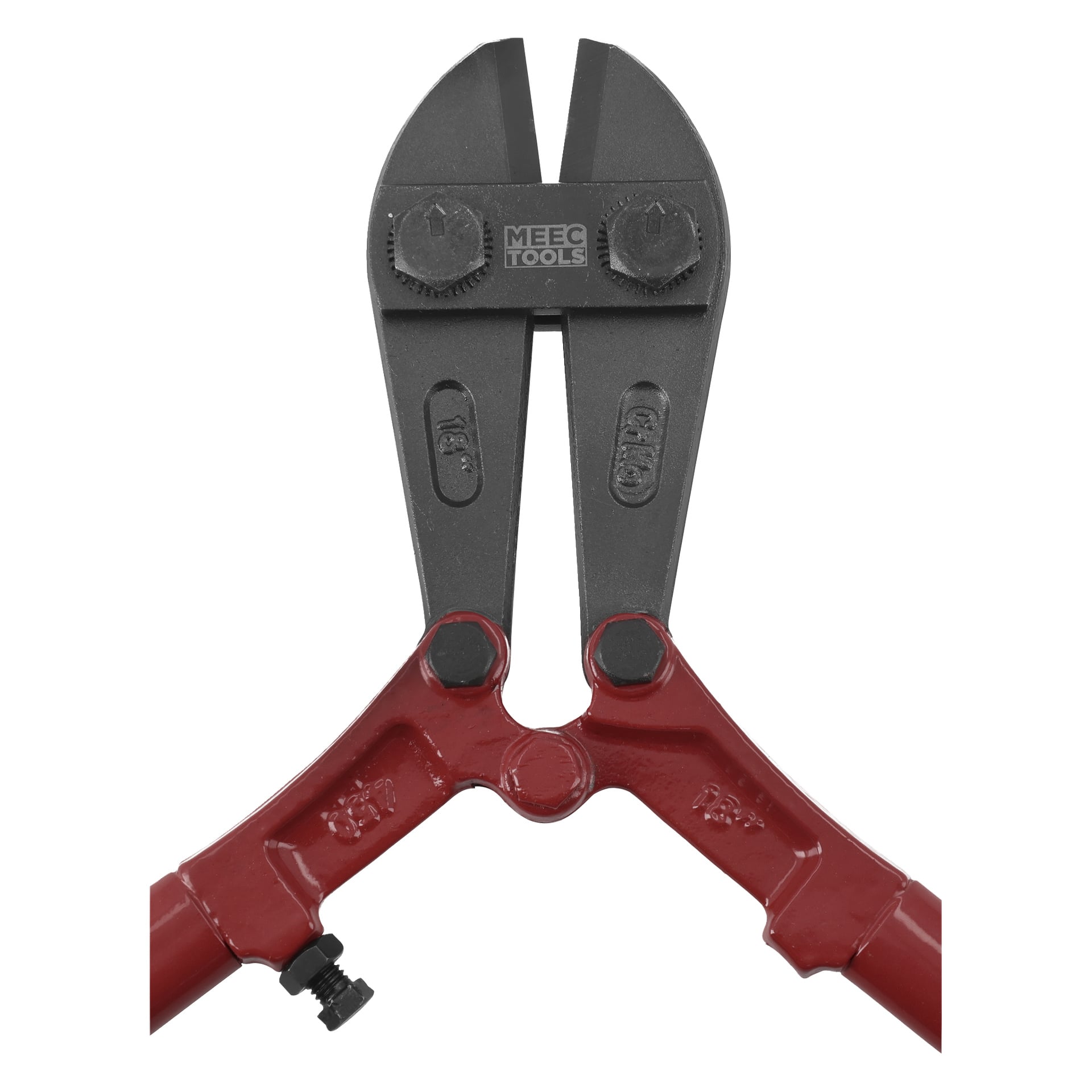 Närbild på Meec Tools bultsax med röda handtag, svarta blad och varumärket synligt på leden.