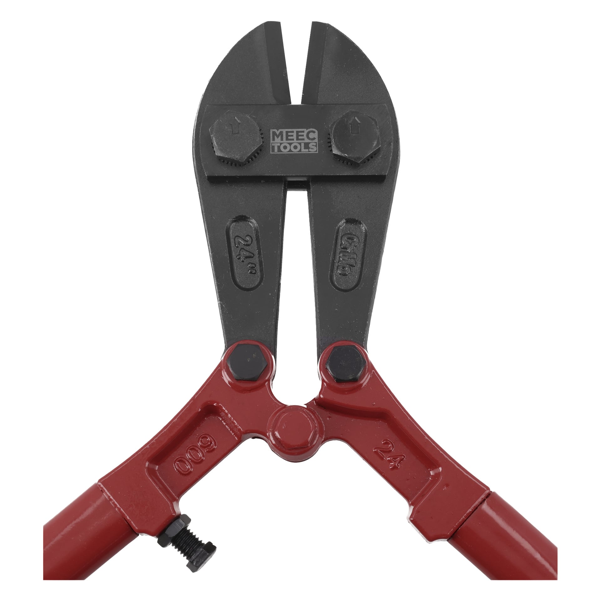 Närbild på Meec Tools bultsaxar med röda handtag och svarta blad märkta Meec Tools och 24, vilket indikerar en storlek på 24 tum.