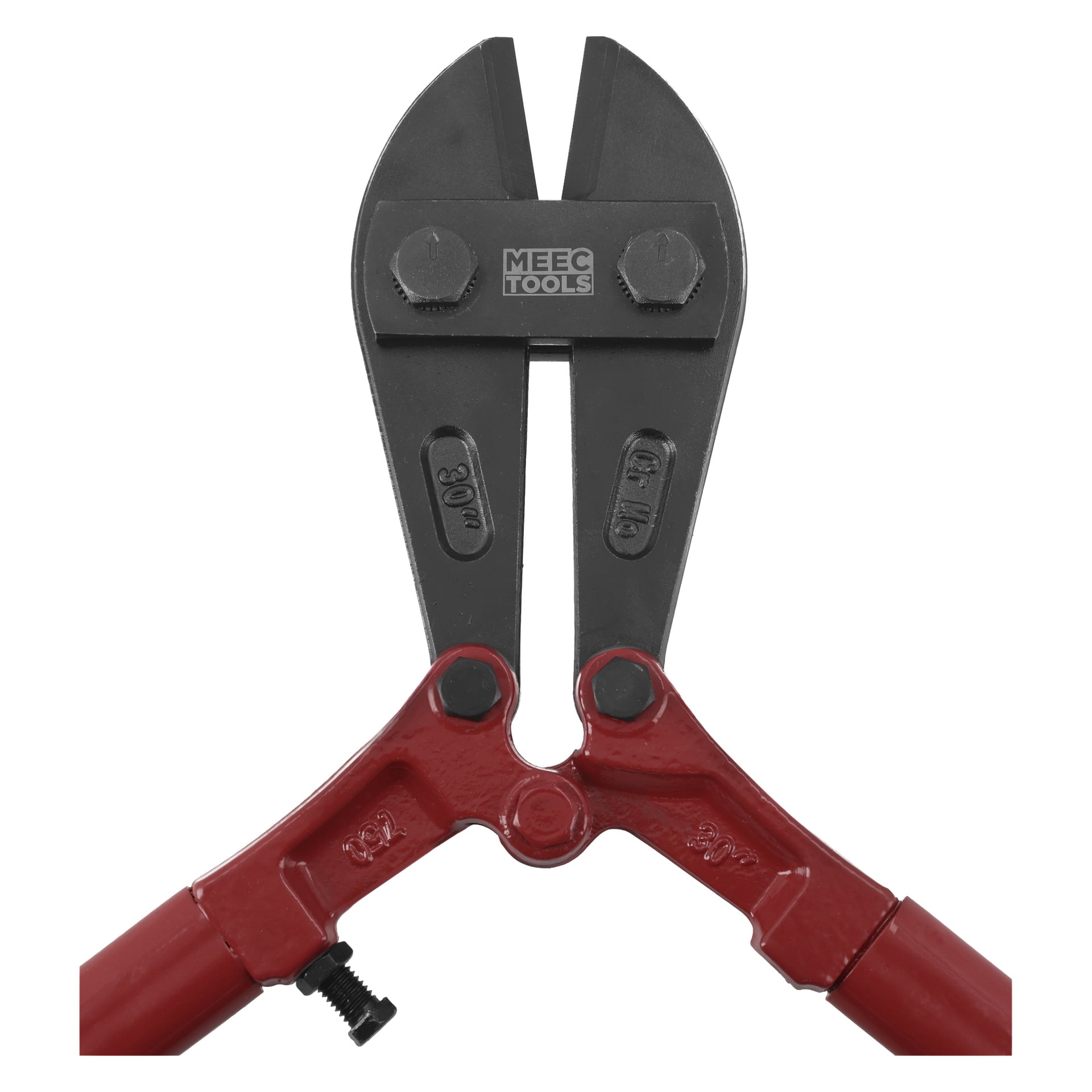 Närbild på Meec Tools bultsax med röda handtag, svarta käftar och varumärket synligt på huvudet.