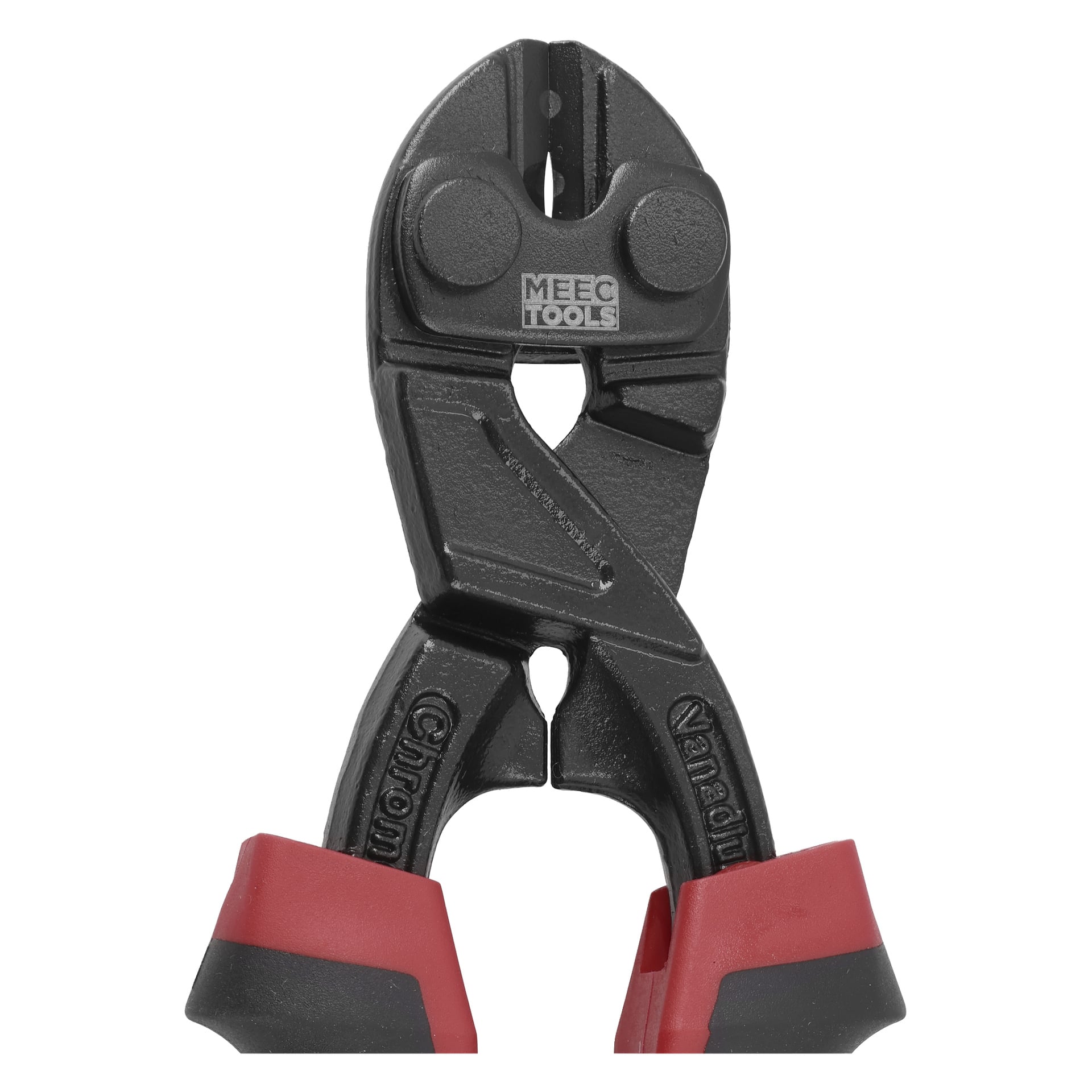Närbild på Meec Tools bultsax med röda handtag, som visar "Meec Tools" och "Chrome Vanadium" på den svarta metallen.