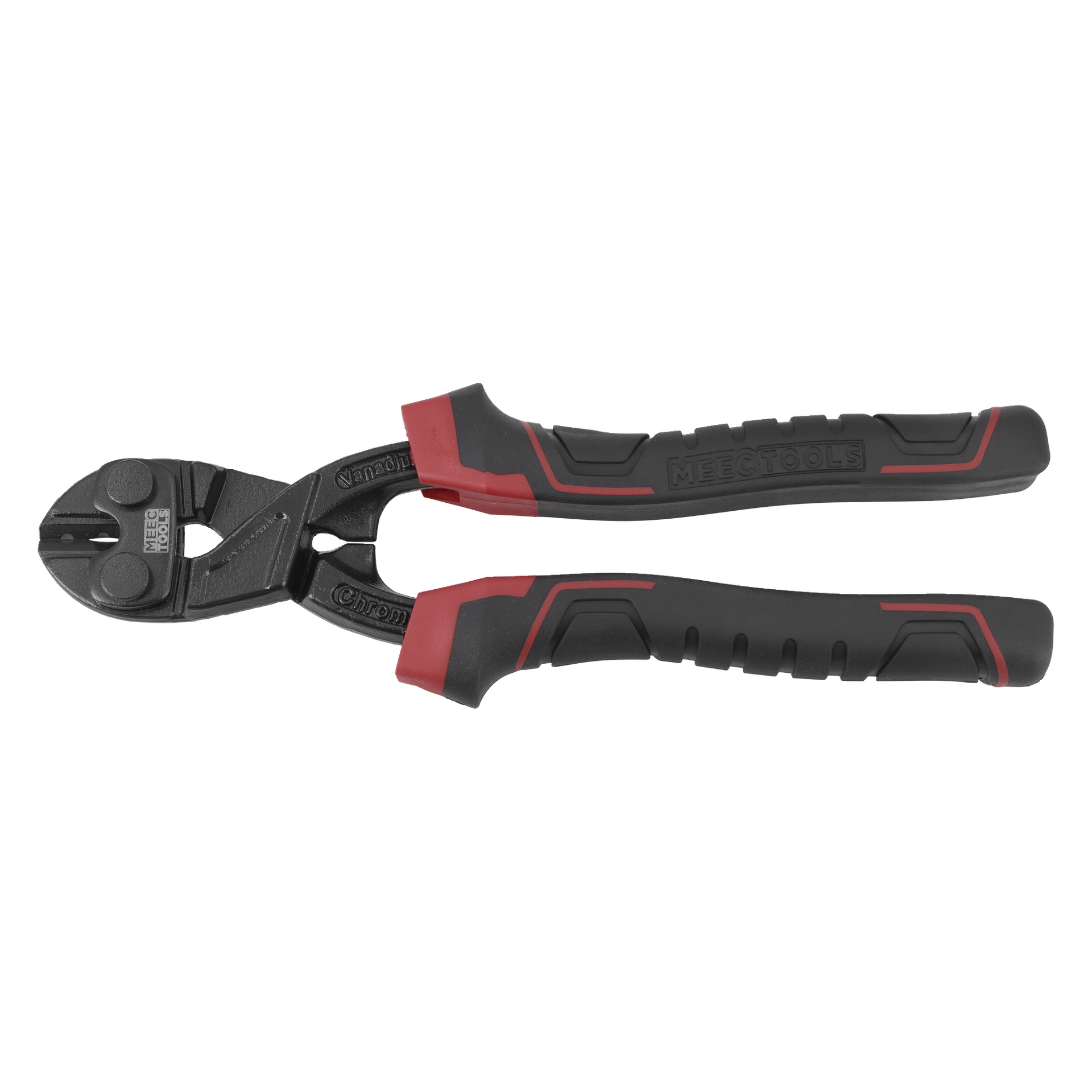 Ett par bultsaxar från Meec Tools med svarta och röda handtag och varumärket präglat på dem.