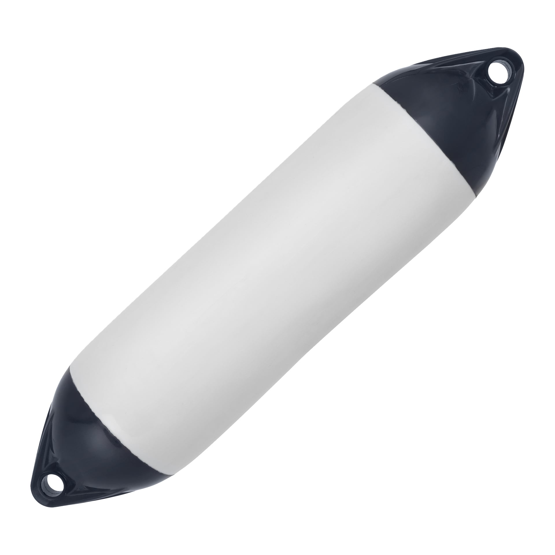 Hamron Fender är en cylindrisk vit båtfender med mörkblå ändar och monteringshål på varje sida.