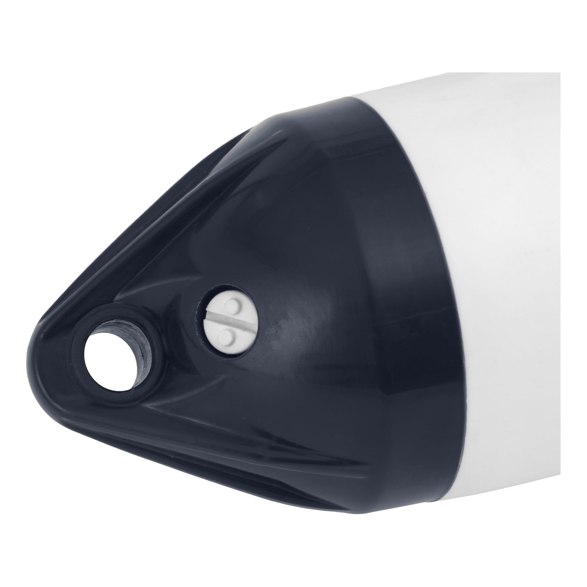 Närbild på Hamron Fender med vit cylinderform, kontrasterande svart spets, stadigt hål för linjer och en liten uppblåsningsventil.