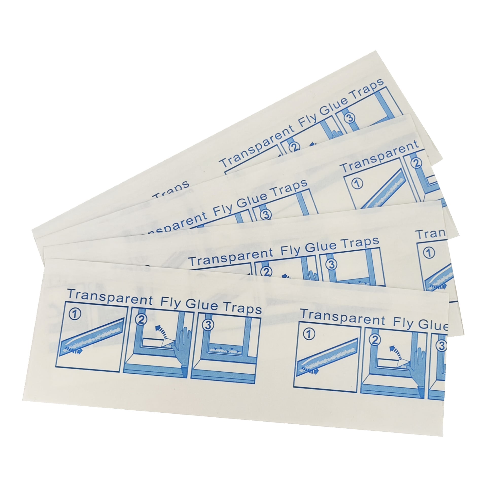 Fyra staplade Hard Head Flypaper-fällor visar användningsdiagram och instruktioner. Förpackningen lyder "Transparent Fly Glue Traps", 4-pack.