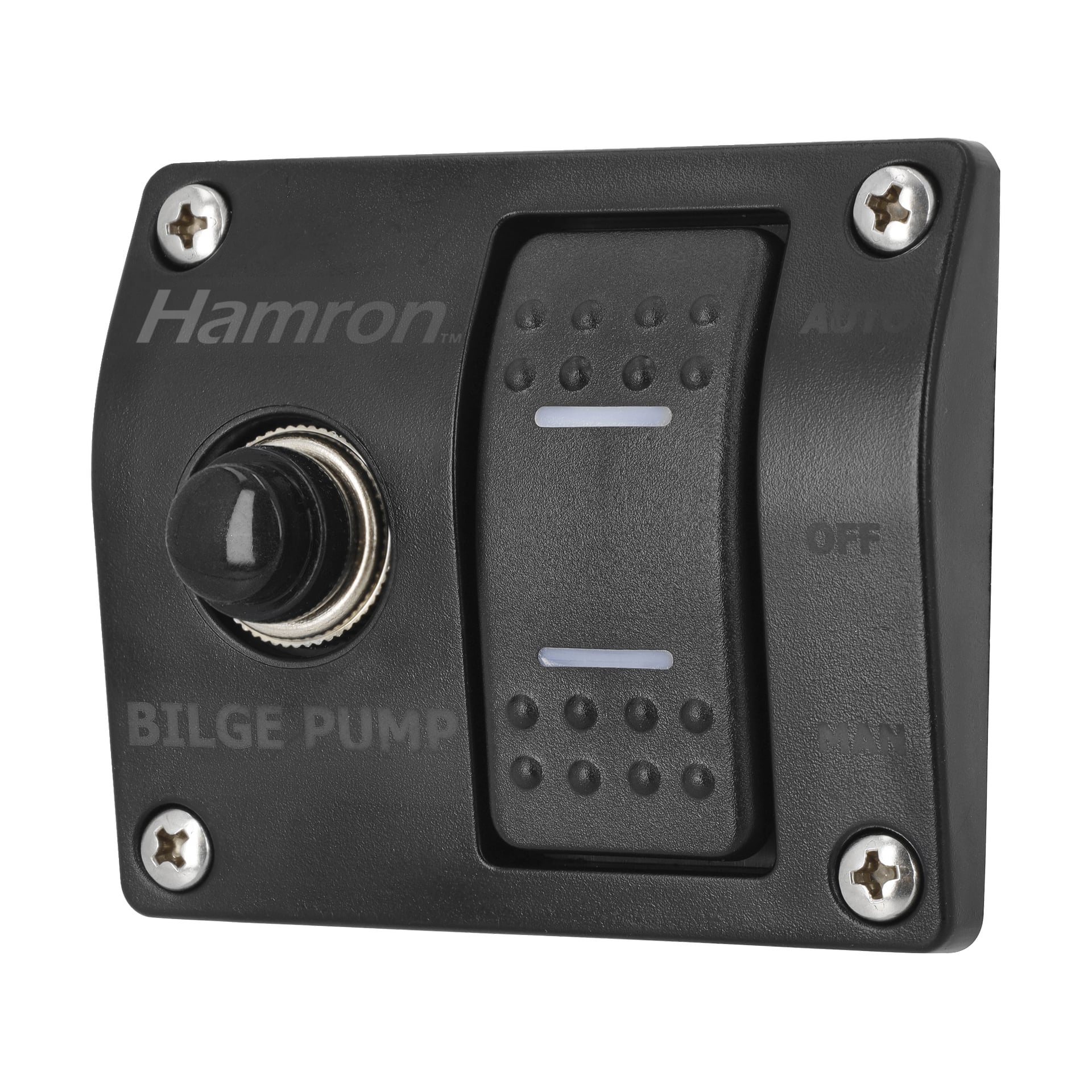 Närbild på en svart Hamron Bilge Pump-panel med en rund vippknapp till vänster, AUTO/OFF/MAN-vippknapp till höger, fyra skruvar.