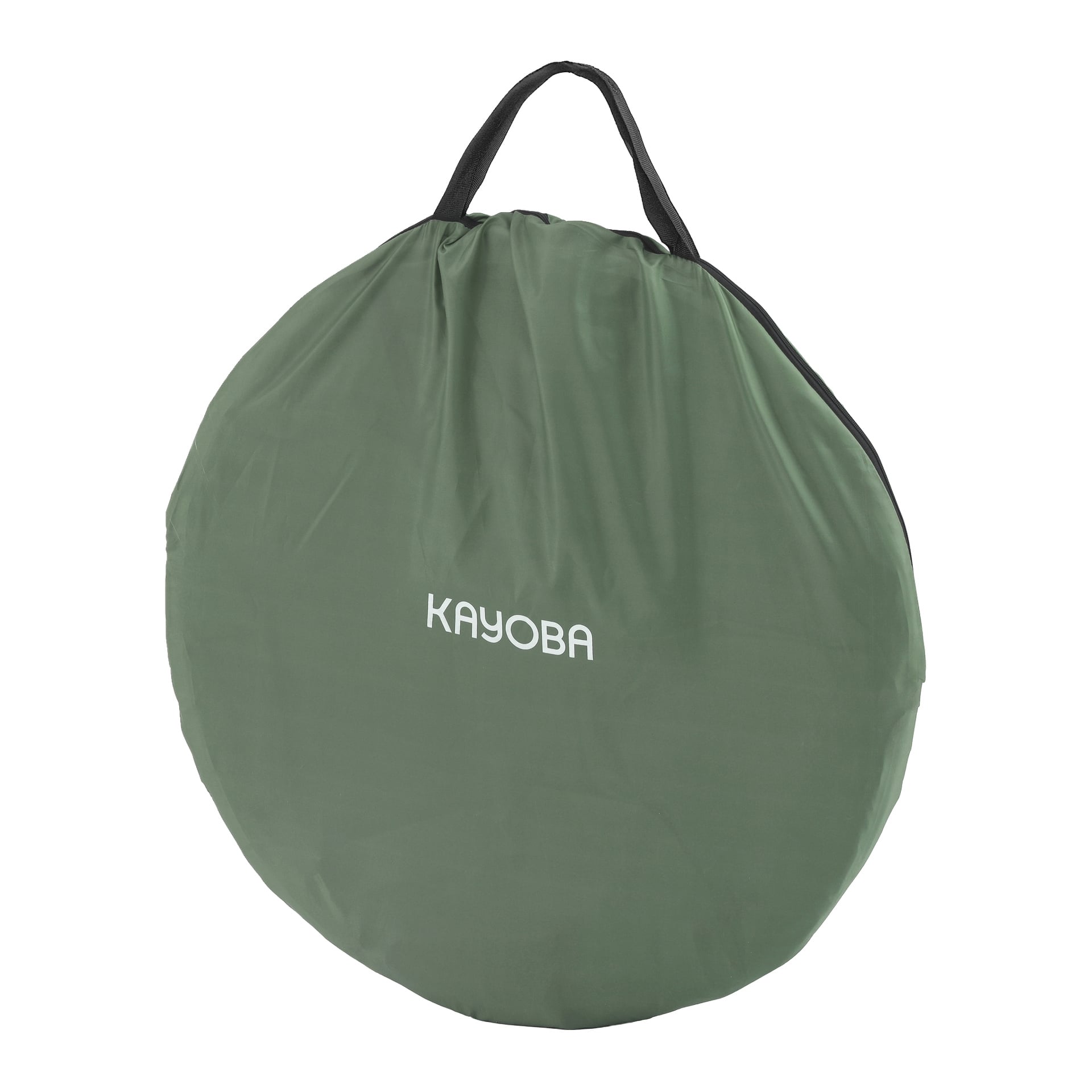 En rund olivgrön väska med svarta handtag och "Kayoba" i vitt på framsidan, gjord för att hålla Kayoba Pop-up-tältet.