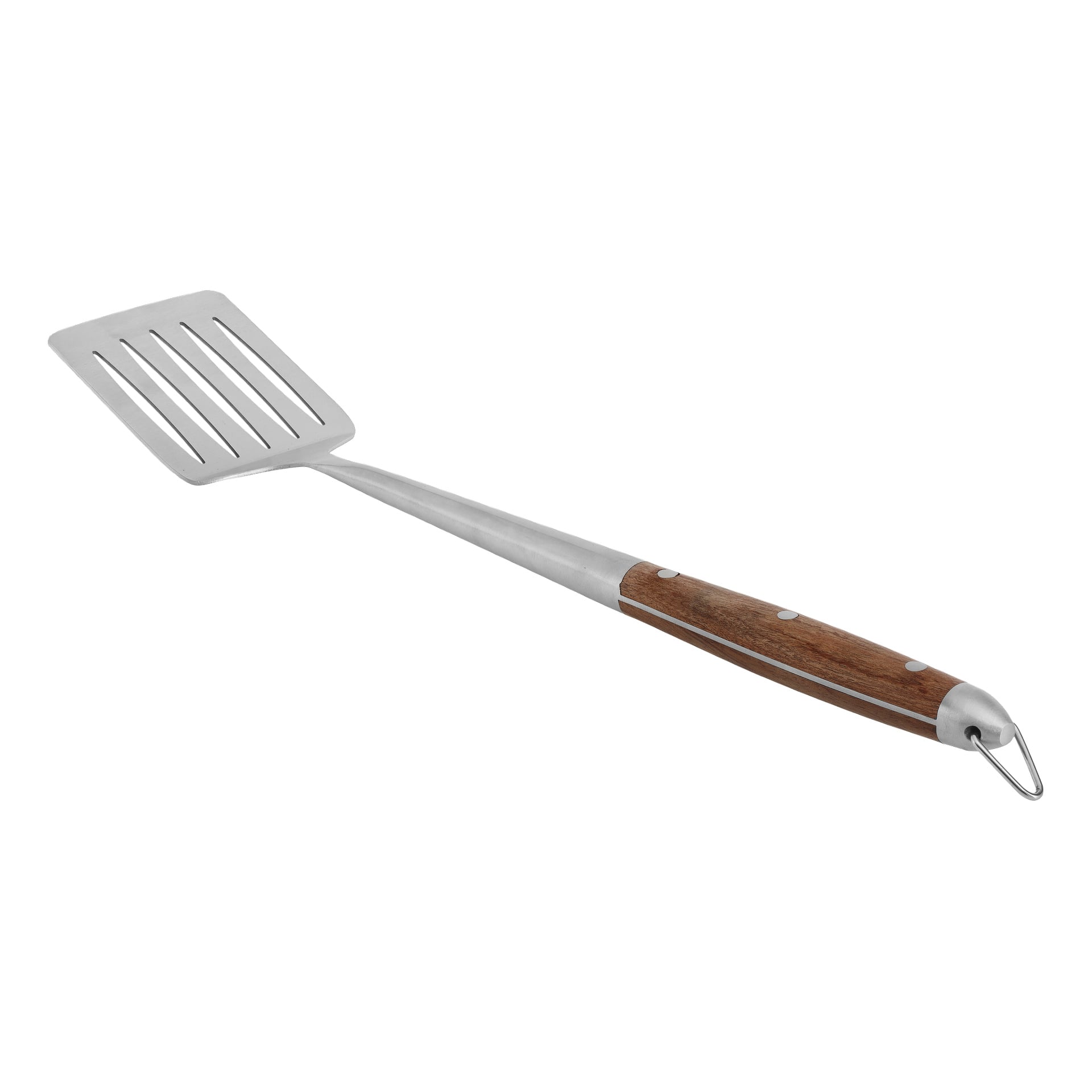 Burns & Barkles BBQ-spatel har ett slitsat metallhuvud, robust trähandtag och en praktisk metallögla för upphängning.