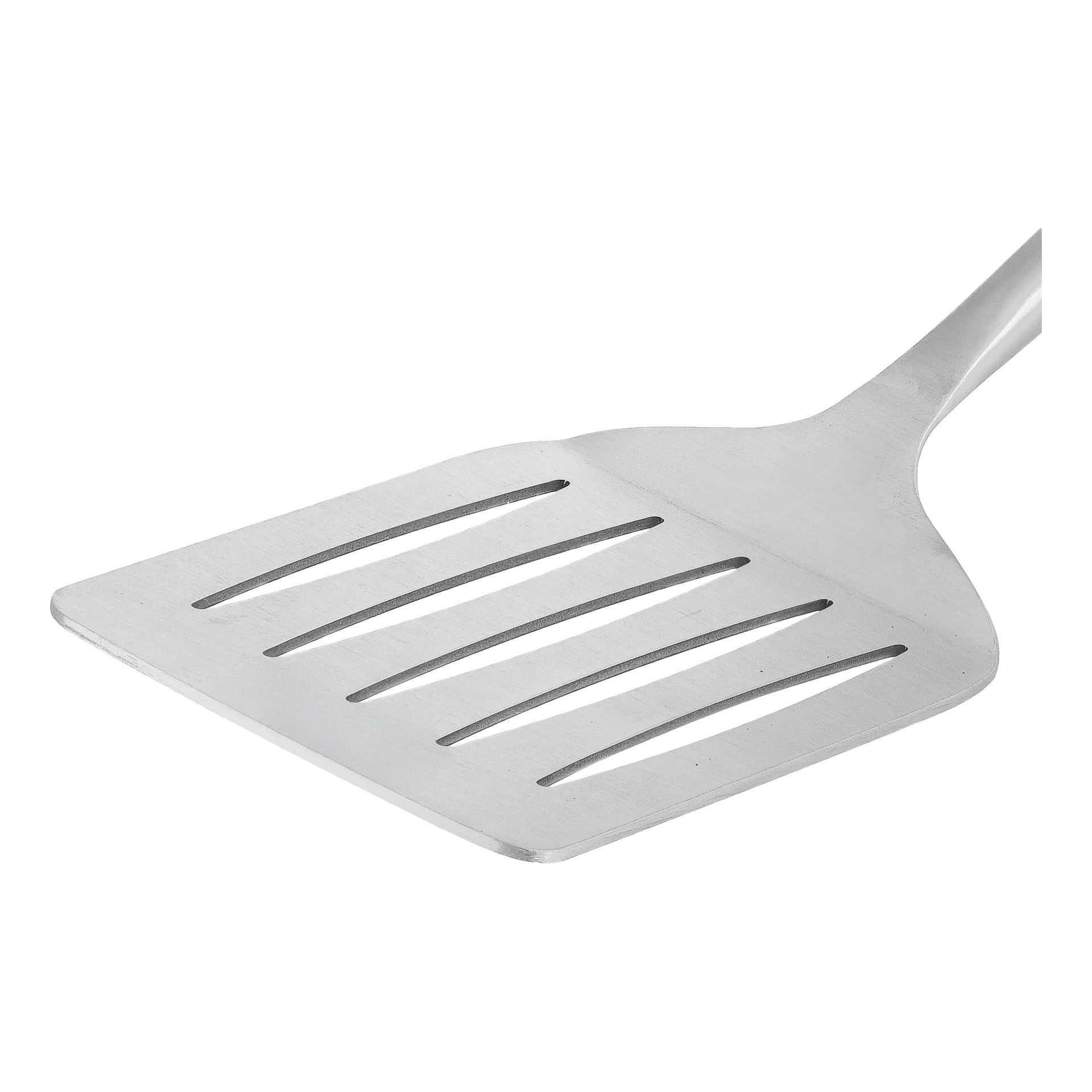 Närbild på Burns & Barkles BBQ-spatel med rostfritt stål, platt fyrkantigt blad, fyra spår och ett rakt handtag.