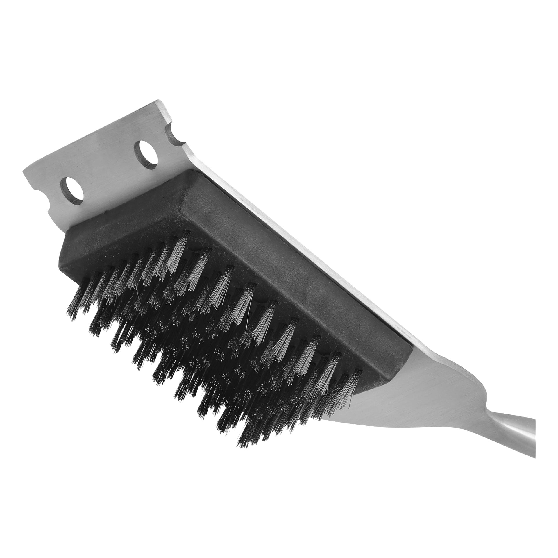 En närbild av Burns & Barkles Grill Brush visar dess stadiga borst och metallskrapa.