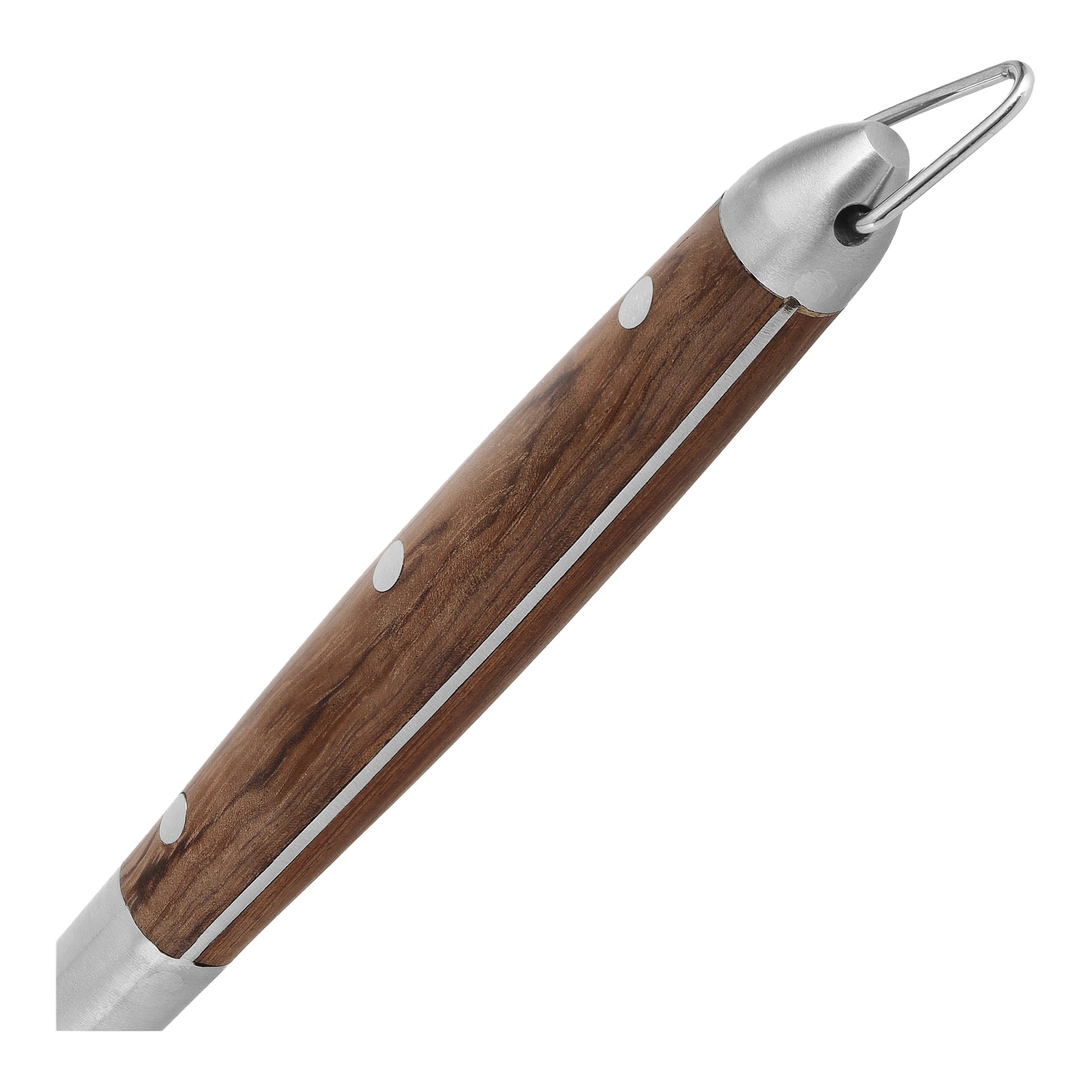 Detaljerad vy av Burns & Barkles Grill Brush-handtag av trä, med metallnitar, ändlock och en ögla för upphängning.