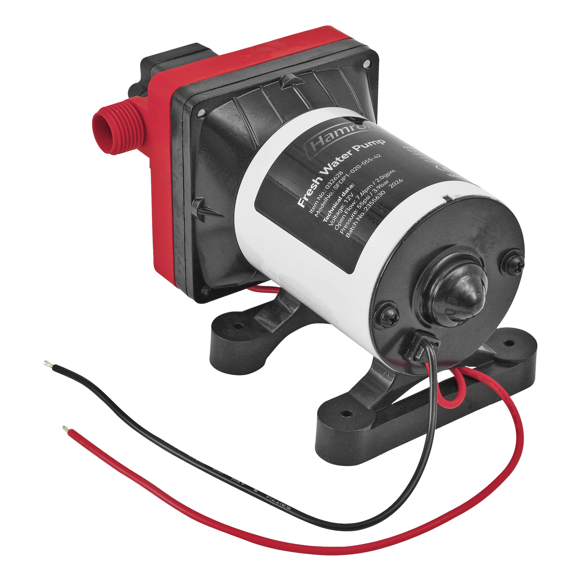 En Hamron helautomatisk tryckvattenpump i svart, vitt och rött med två monteringsfästen, en uttagsanslutning och två synliga ledningar – en röd och en svart – som kommer från basen. Pumpens etikett säger Färskvattenpump.