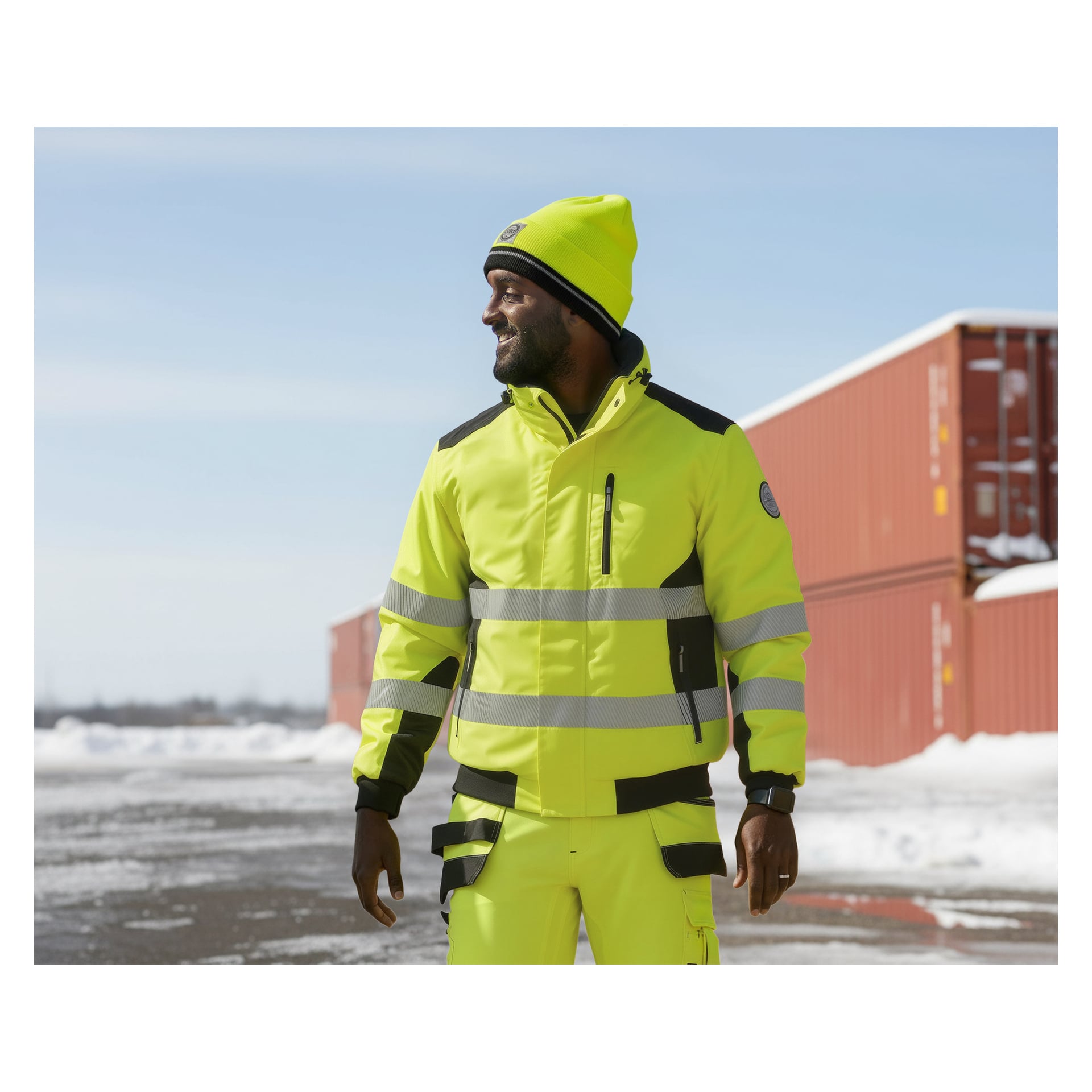 En person i en Hi-Vis Hamilton-jacka med Bluewear Warm-fodrad, matchande byxor och mössa står vid röda fraktcontainrar i snön.
