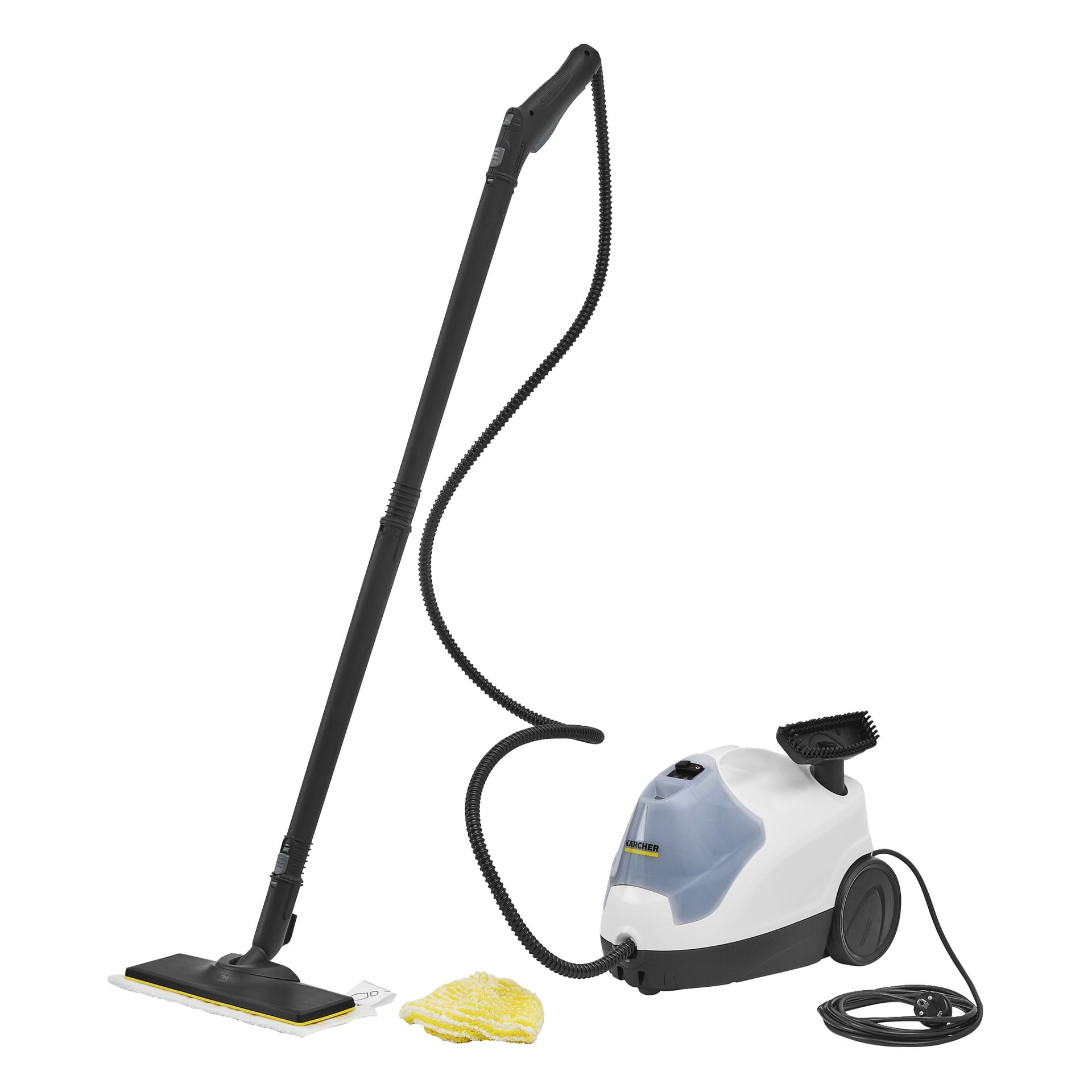 Kärcher Steam Cleaner SC 4 EasyFix zawiera długą czarną rączkę, prostokątną głowicę, żółtą ściereczkę, małą szczoteczkę oraz zwijany sznur.