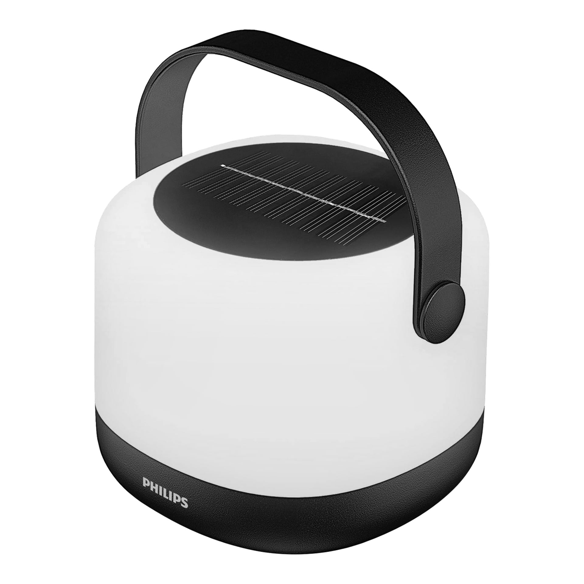 En kompakt Philips-lykta med vit kropp, svart bas, handtag och en solpanel på toppen. Har en slank, modern design.