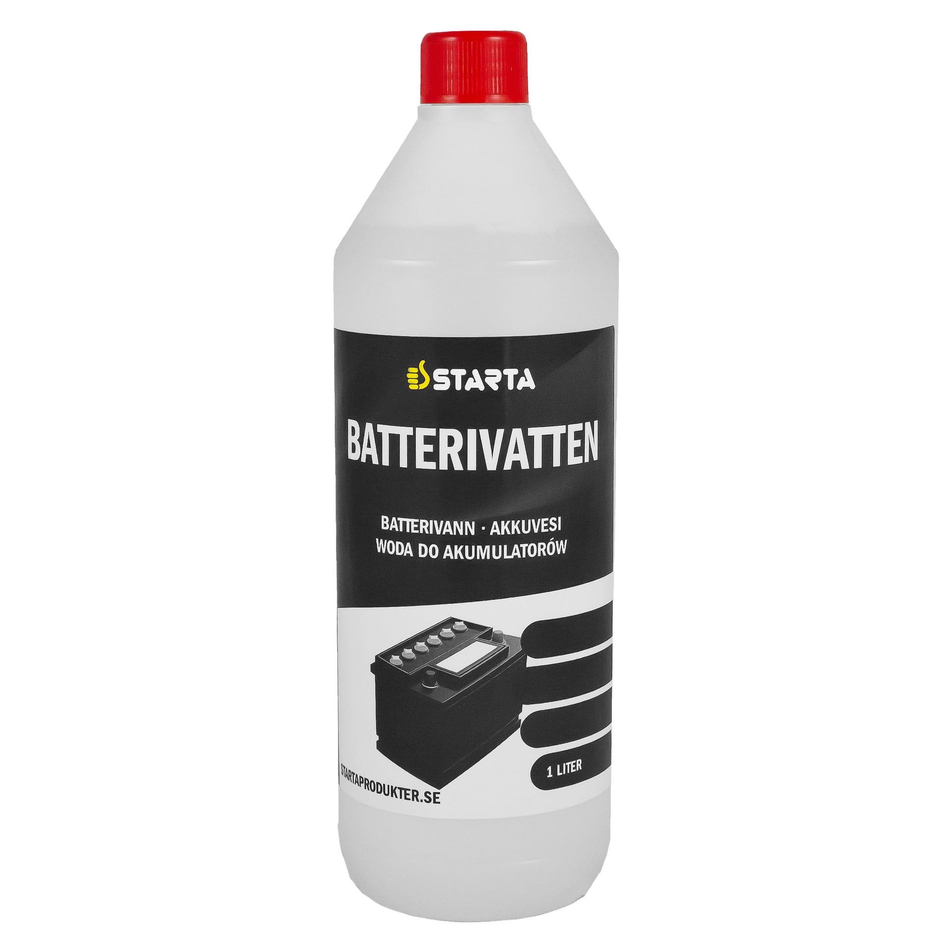 En 1-liters Starta Battery-vattenflaska med en röd lock och en etikett som visar en illustration av ett bilbatteri.