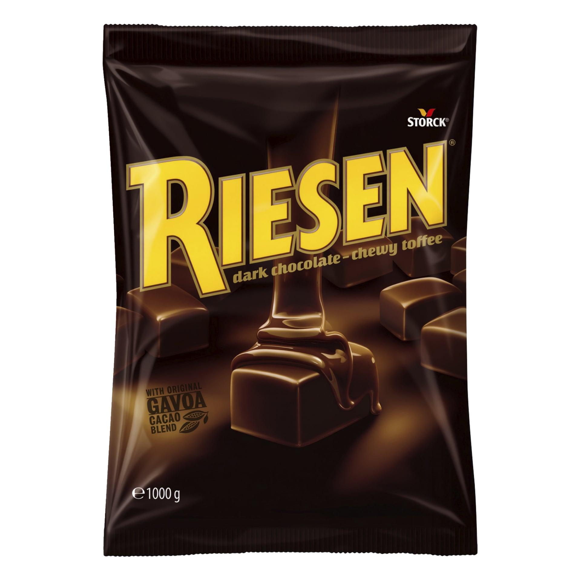 En 1000 g påse Riesen mörk choklad, sega kolor i brun förpackning med djärva gula "RIESEN" och chokladrutor synliga.