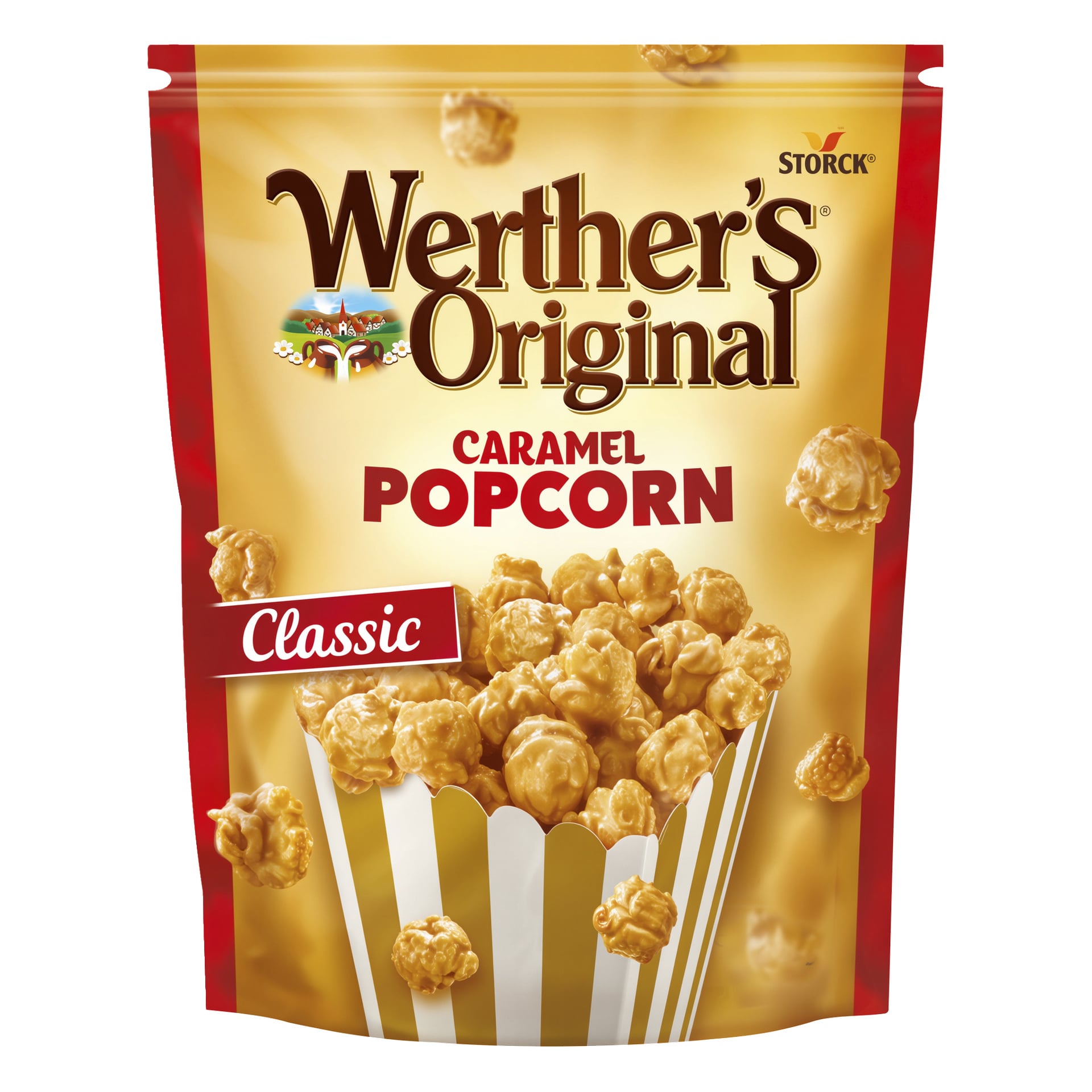 Werther's Original Caramel Popcorn Classic-påse, karamellpopcorn i randig burk, guldbakgrund, Storck-logga uppe till höger.