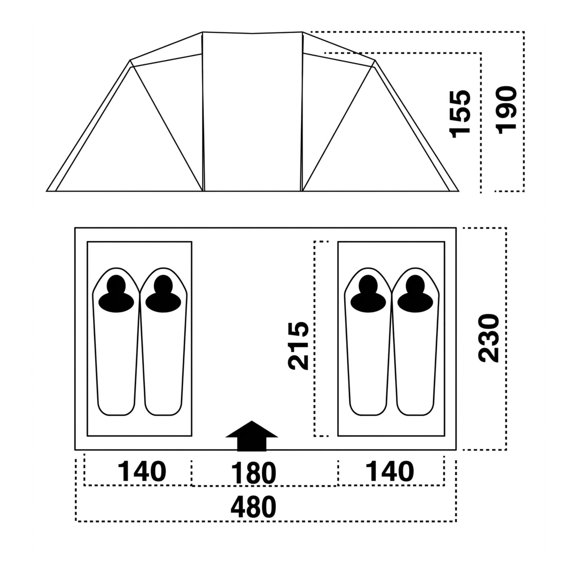 Tältdiagram: sidhöjderna är 155 cm och 190 cm. Toppvy: två sektioner på 140 cm, 180 cm i mitten, totalt 480x230 cm.
