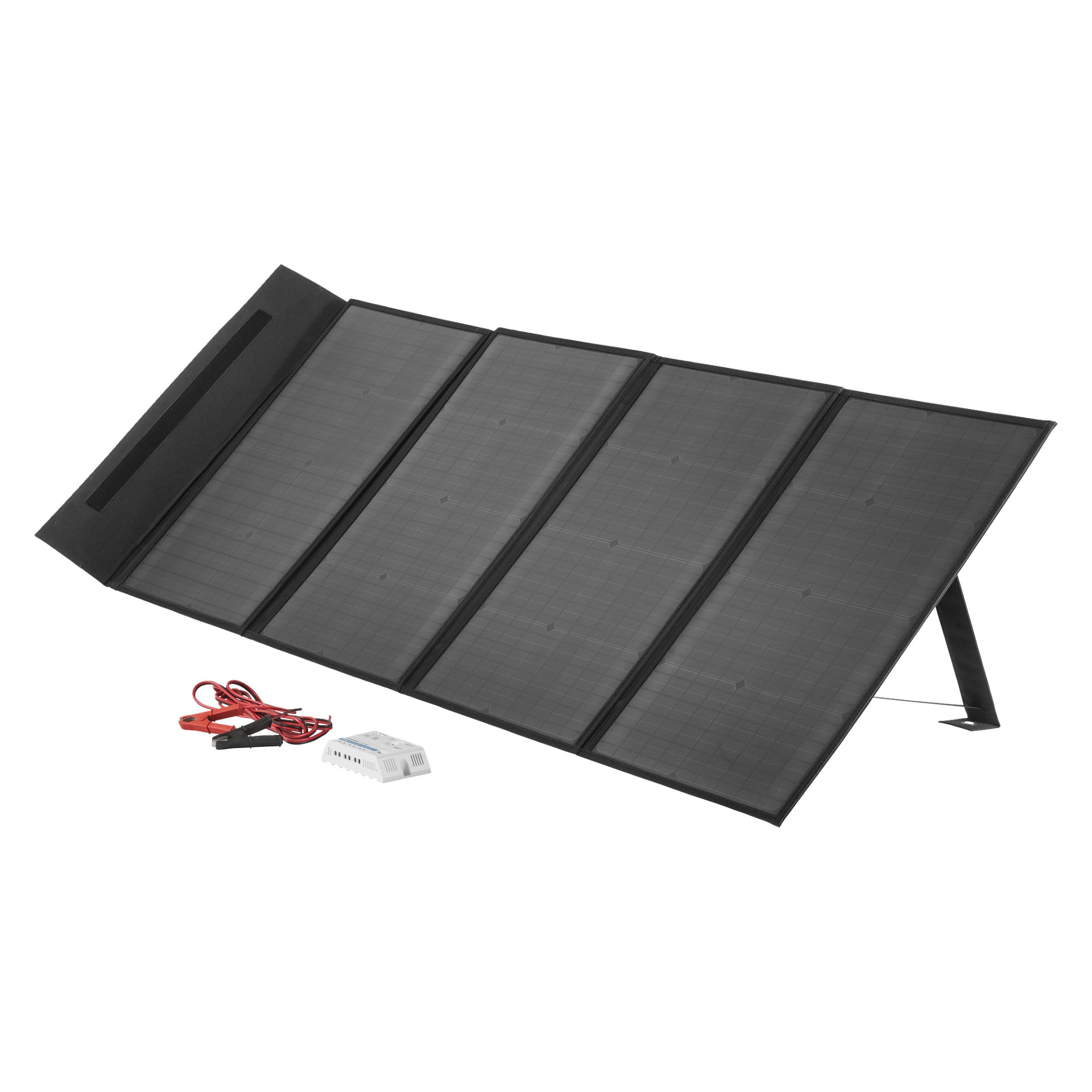 En vikbar svart solpanel på ett stativ, med röda och svarta kablar, en liten laddningsregulator och batteriklämmor fram.