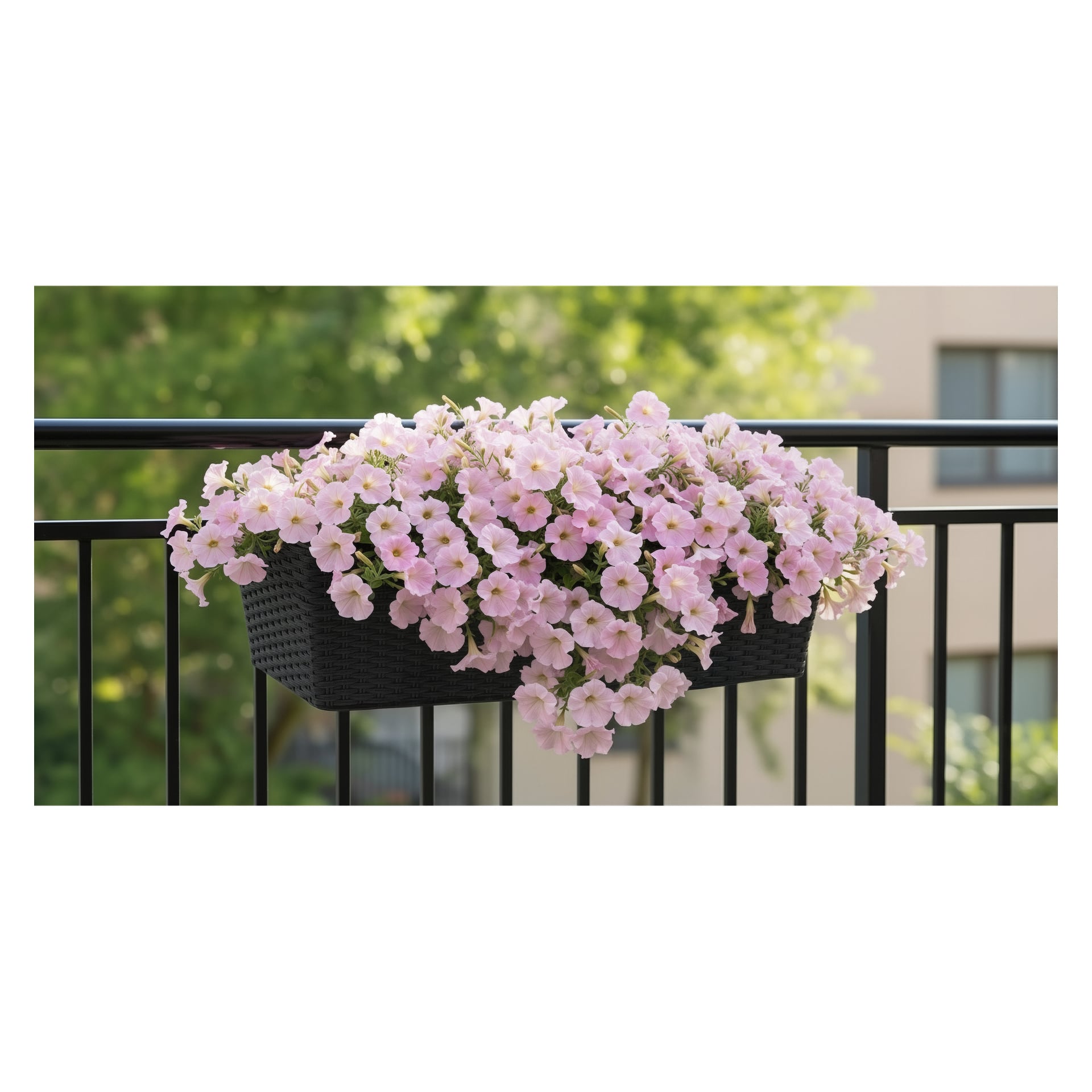En Hard Head Flower Box med ljusrosa petunior står på ett balkongräcke, med gröna blad och en suddig byggnad bakom.