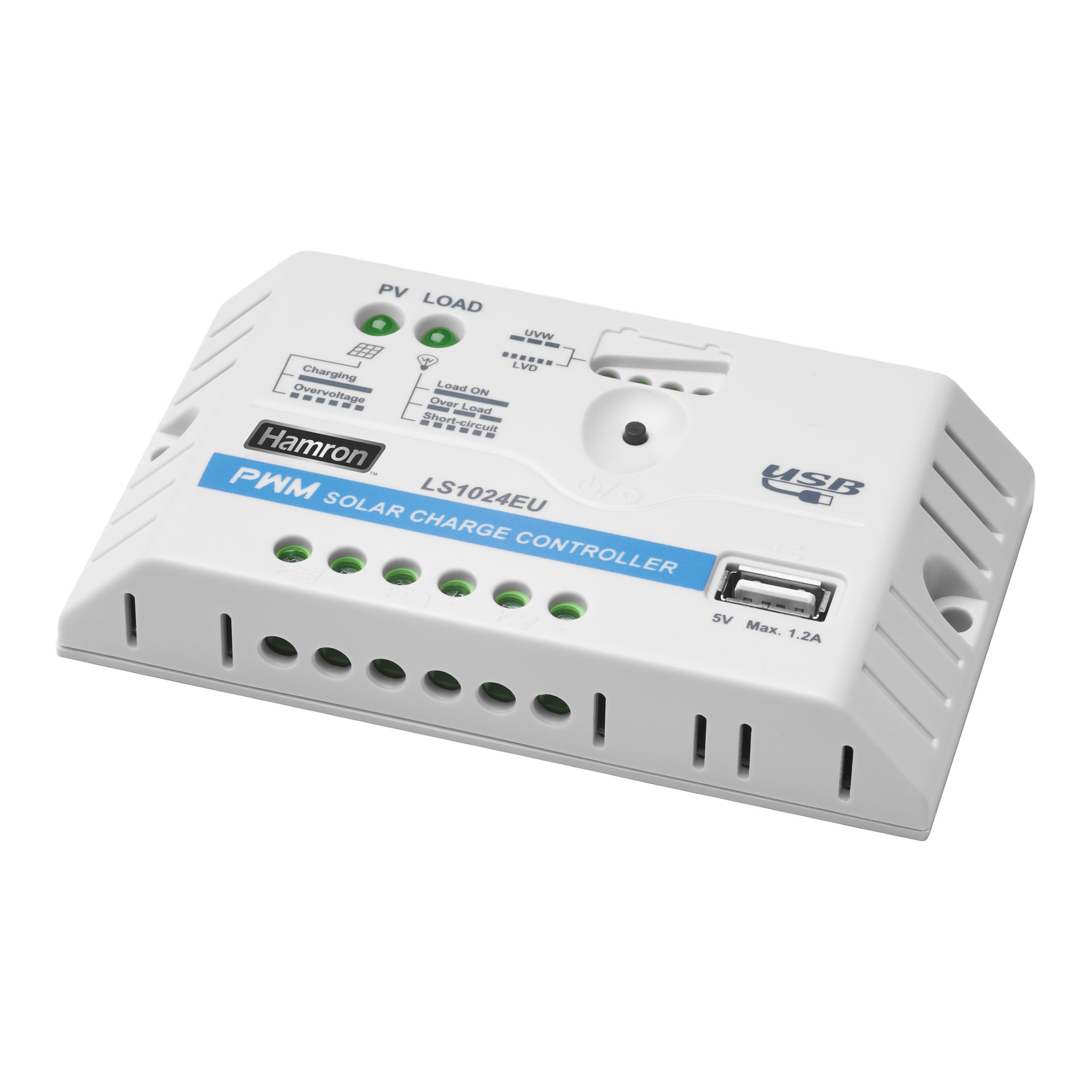 En Hamron solpanelregulator med märkta indikatorlampor, solcells- och lastportar, en USB-port och sidoventilationsspår.