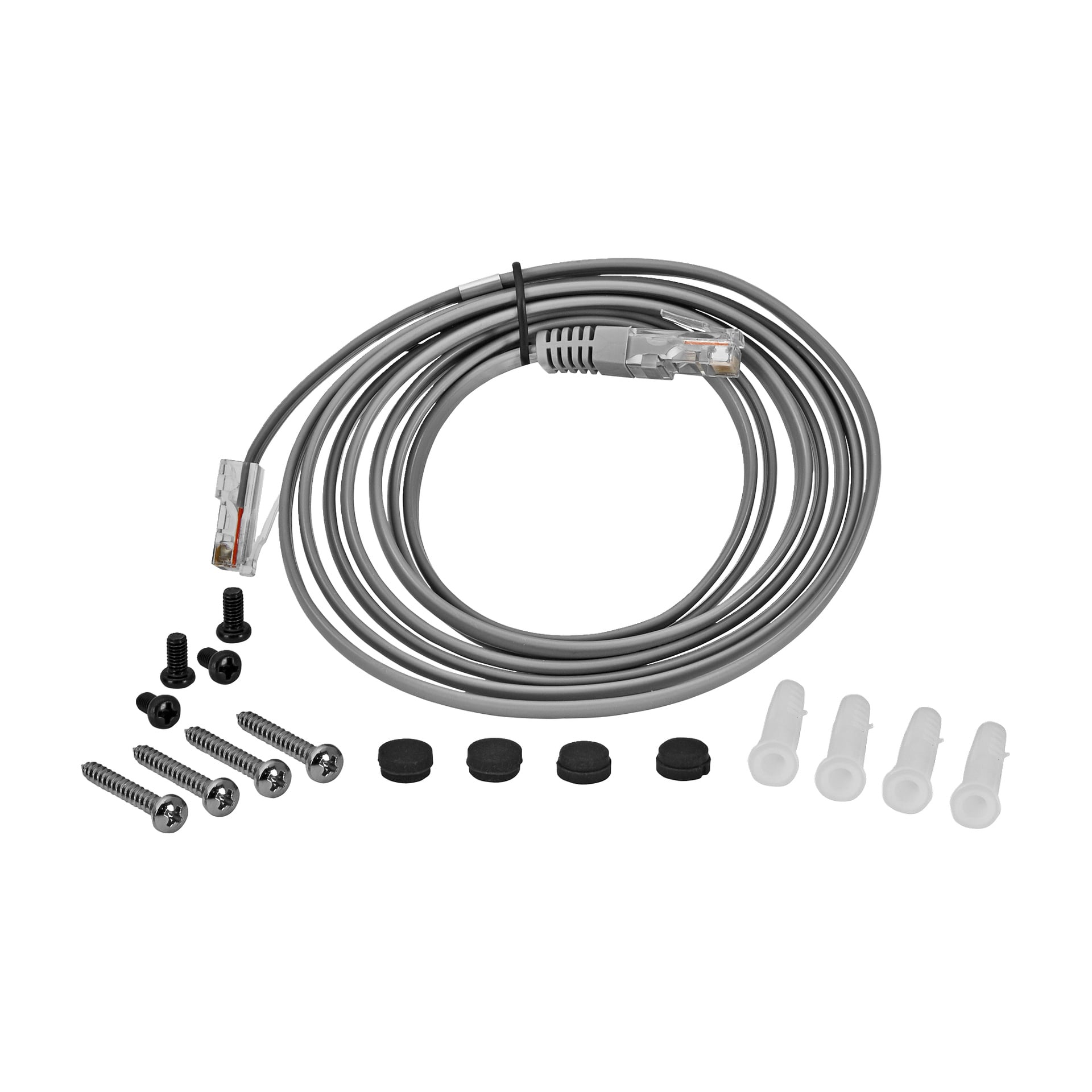 En spiralad grå Ethernet-kabel med RJ45-kontakter och en svart bindning, plus fyra skruvar, lock, väggankare och små svarta skruvar.