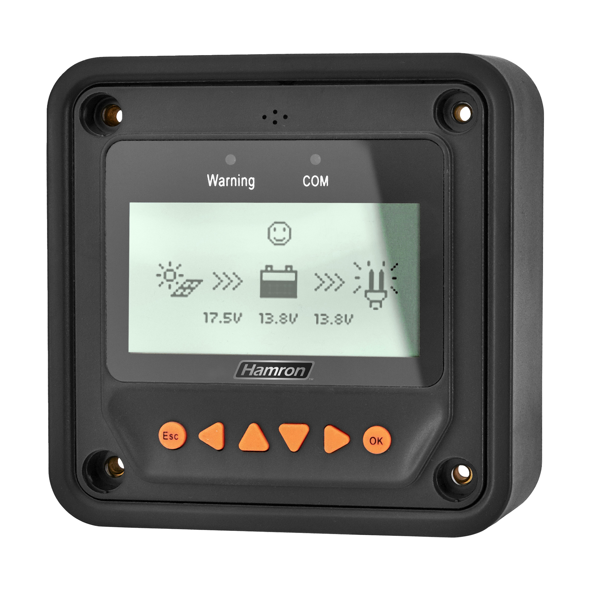 Hamrons laddningsregulatordisplay visar 17,5V, 13,8V och 13,8V med sol, batteri, lampikoner och fem orange kontrollknappar nedanför.