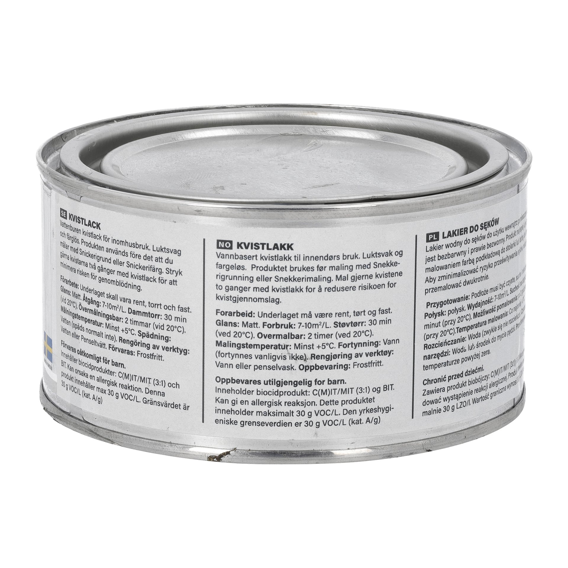 En metallburk med ett grått lock märkt "Knotting solution" från Hard Head, med produktinformation och användningsanvisningar på etiketten.