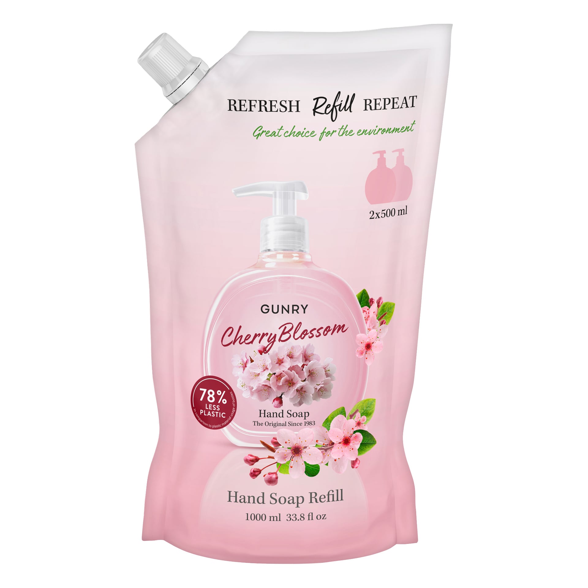Gunry Cherry Blossom håndsåpefyll i en 1000 ml rosa pose, med kirsebærblomster og «Refresh, Refill, Repeat.» Bruker 78 % mindre plast.