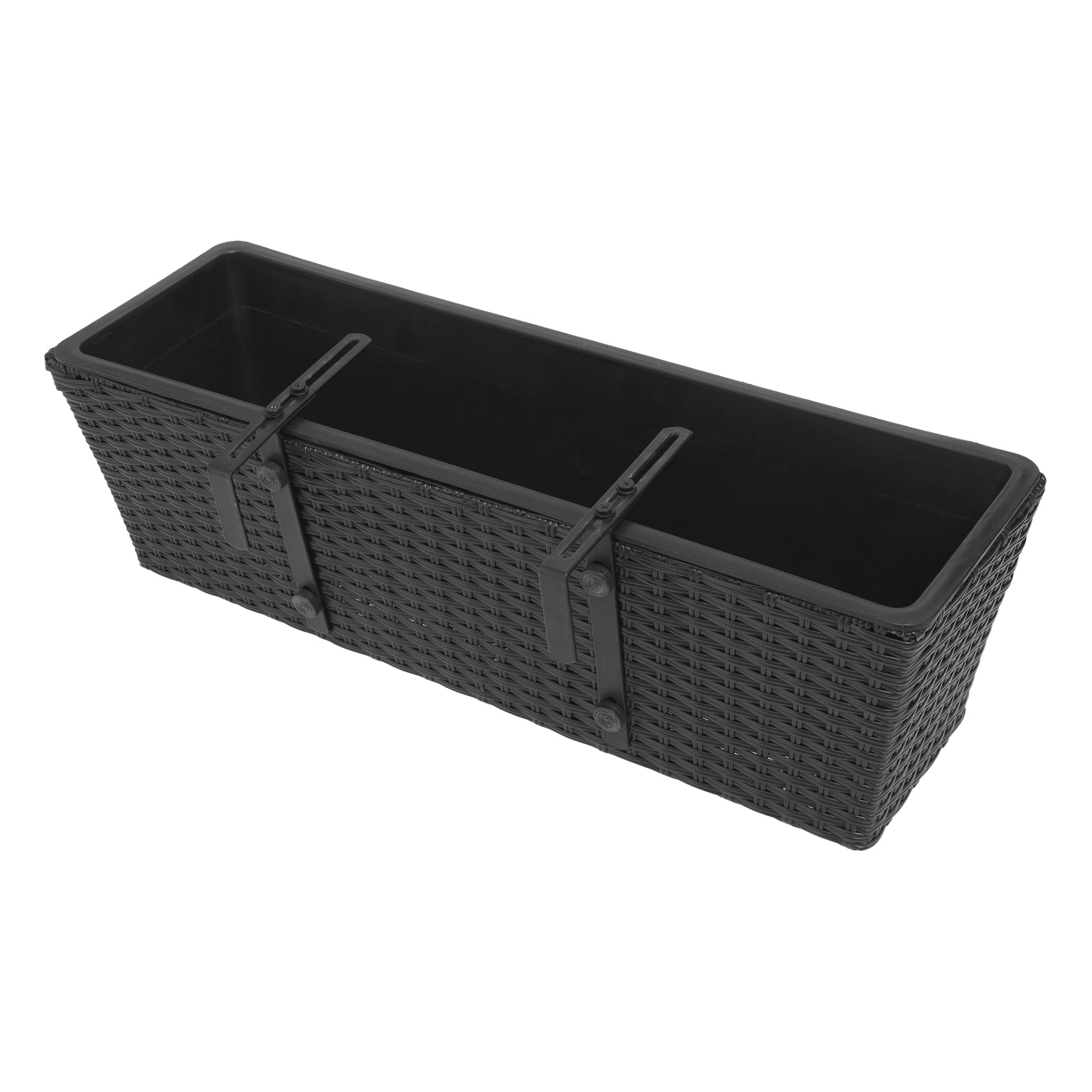 En rektangulär svart plastplantering med korgliknande utseende med två justerbara framkonsoler och ett tomt interiör.