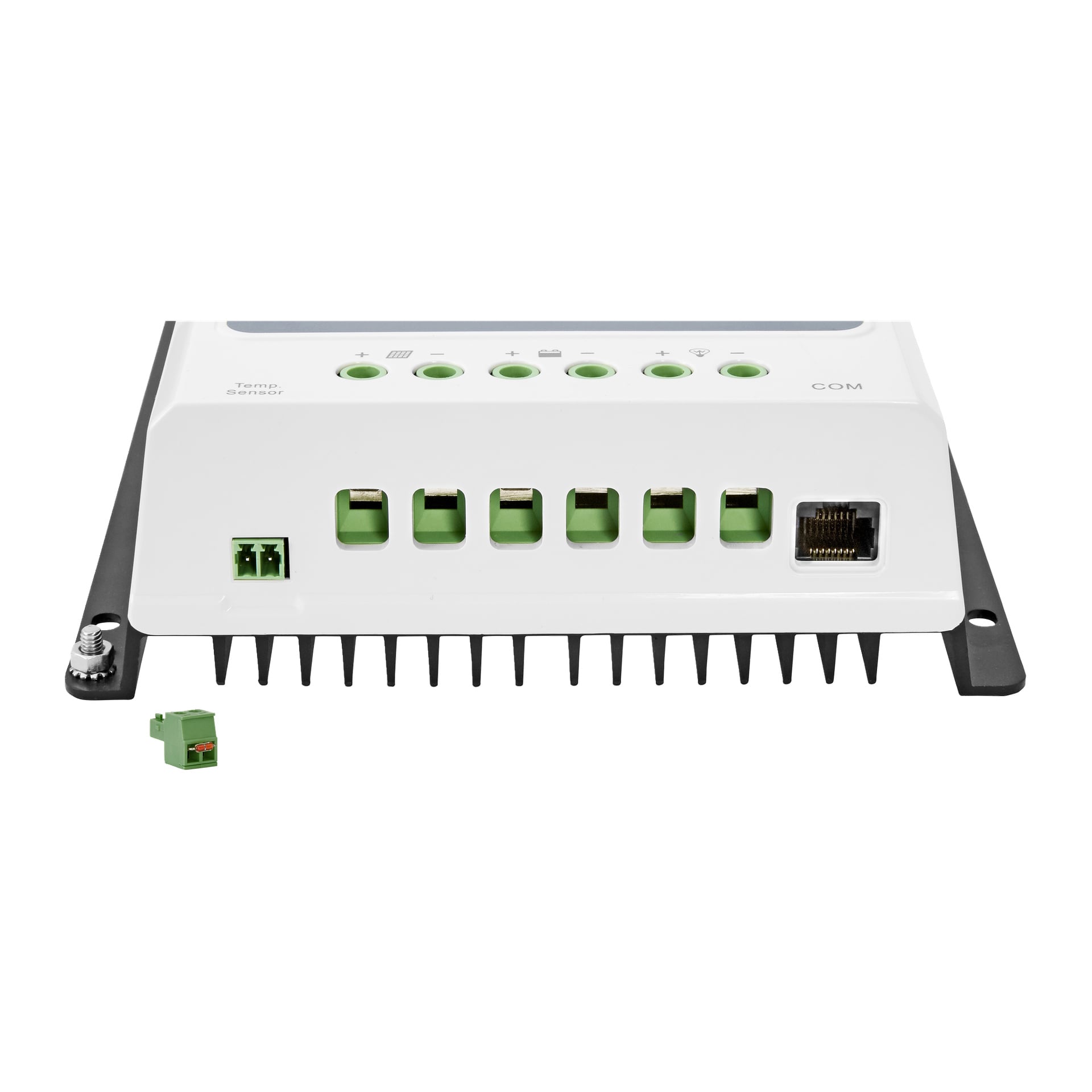 Närbild av Hamron Charging Regulator med gröna terminalportar, RJ45-port, lossad kontakt, kylfläns och en temperatursensoretikett.