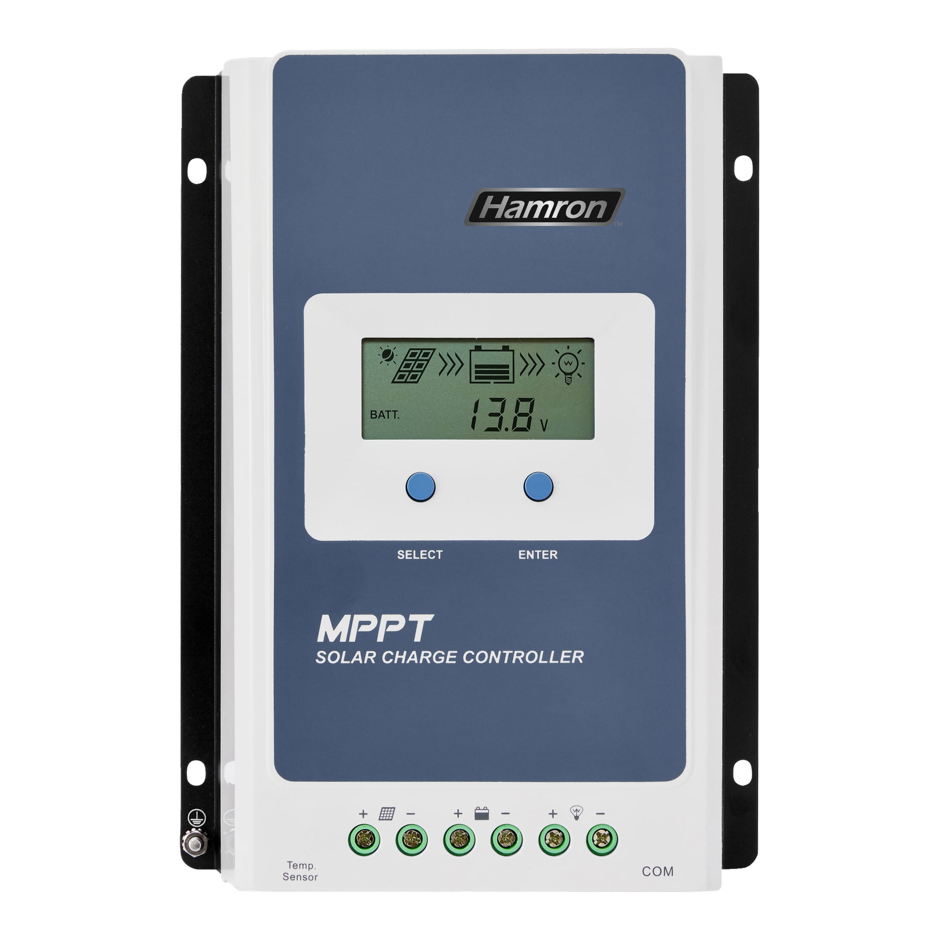 Hamron MPPT solladdningsregulator med en digital skärm som visar BATT. 13,8V, select/enter-knappar och skruvterminaler.