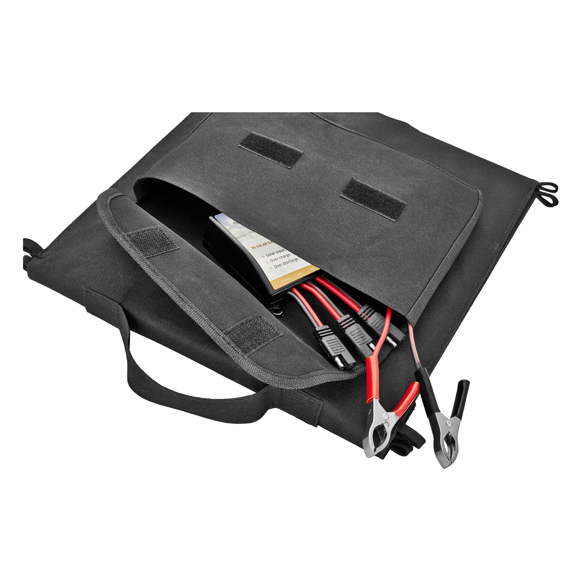 En svart bärväska, delvis uppdragen, visar en Hamron-solpanel med regulator och har handtag, kardborreband och fack.