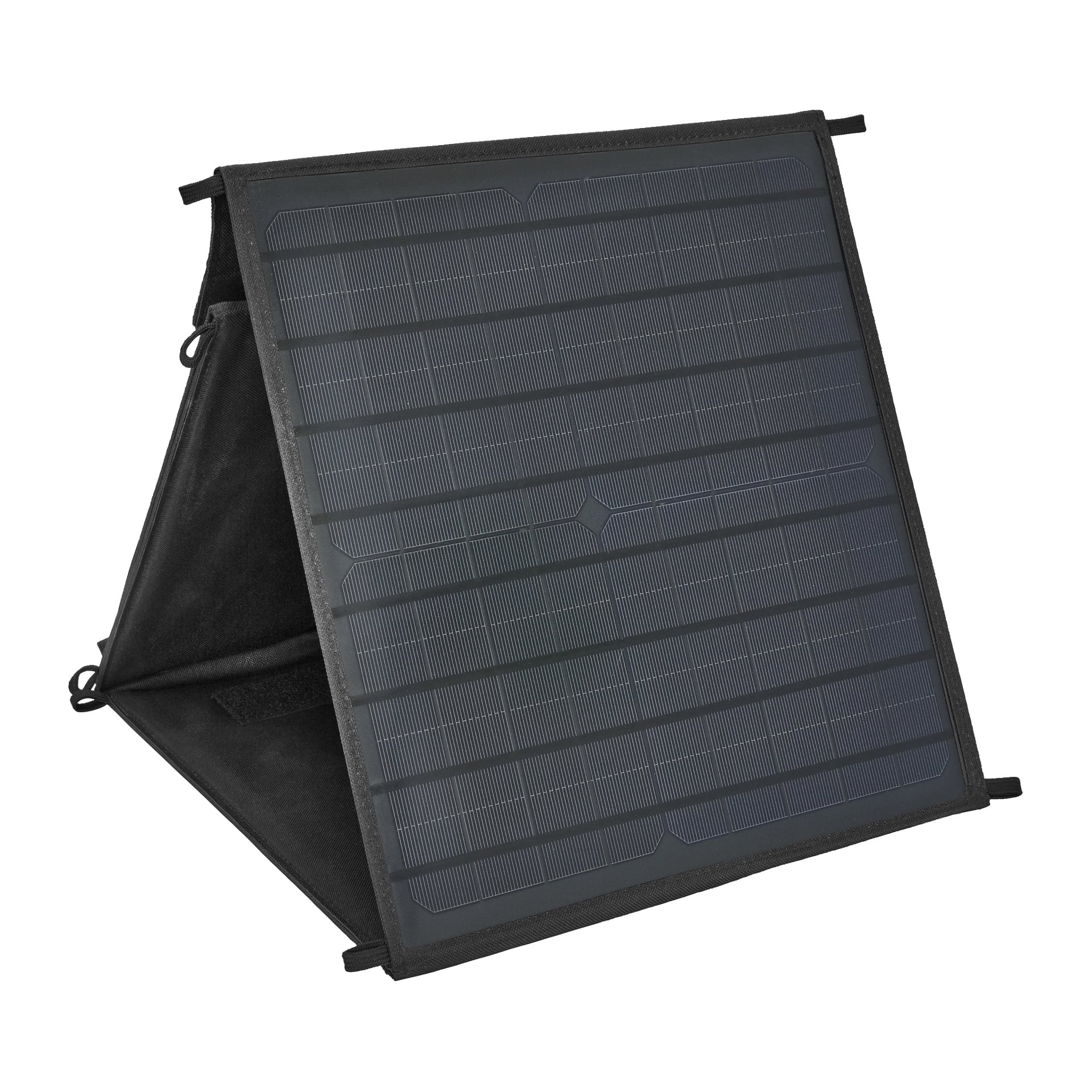 Den svarta Hamron solpanelen med regulator står upprätt i en triangelformad vikbar form och visar sitt solcellsnät.