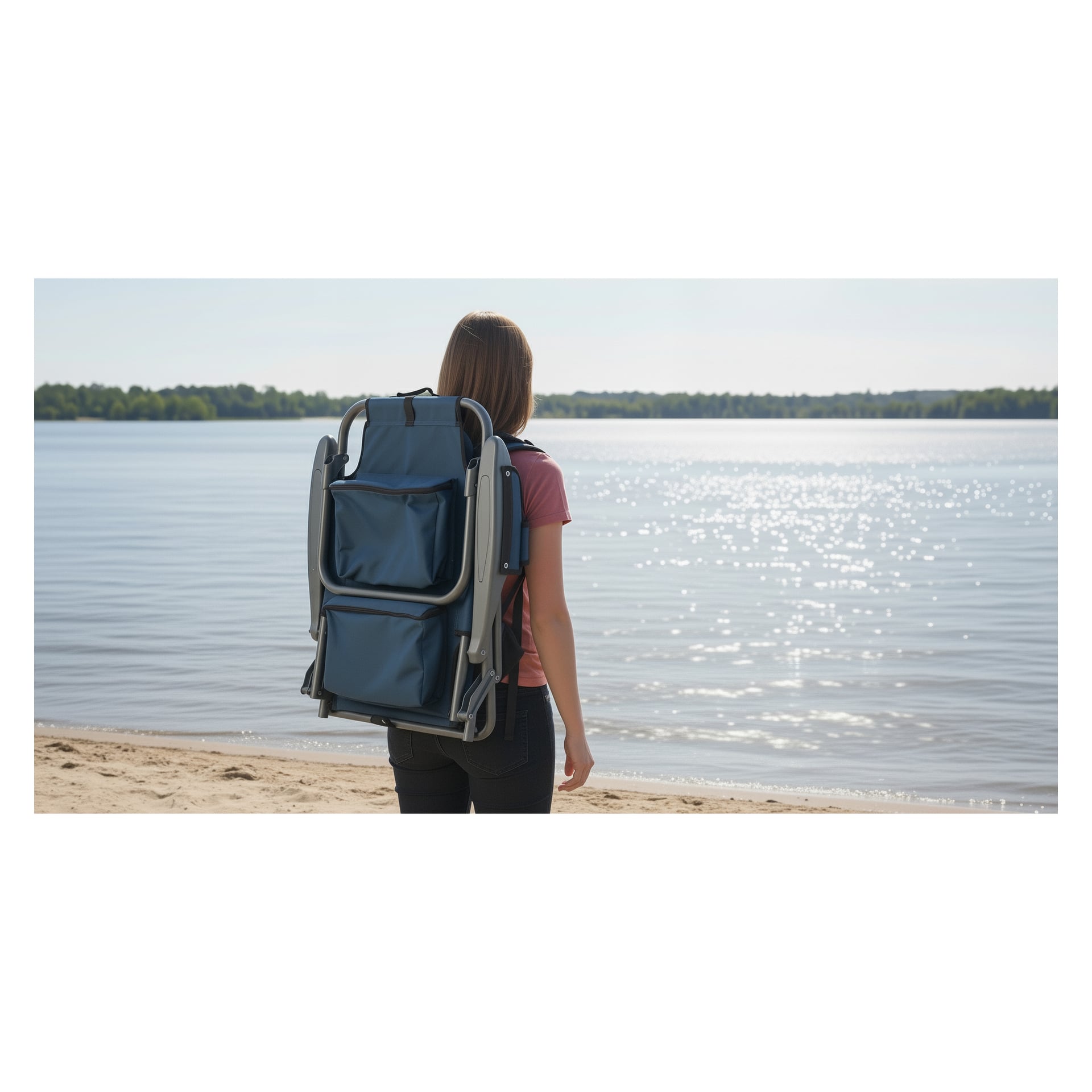 An einem Sandstrand an einem sonnenbeschienenen See trägt eine Person einen Kayoba-Klappstuhl-Rucksack; Bäume säumen das entfernte Ufer.