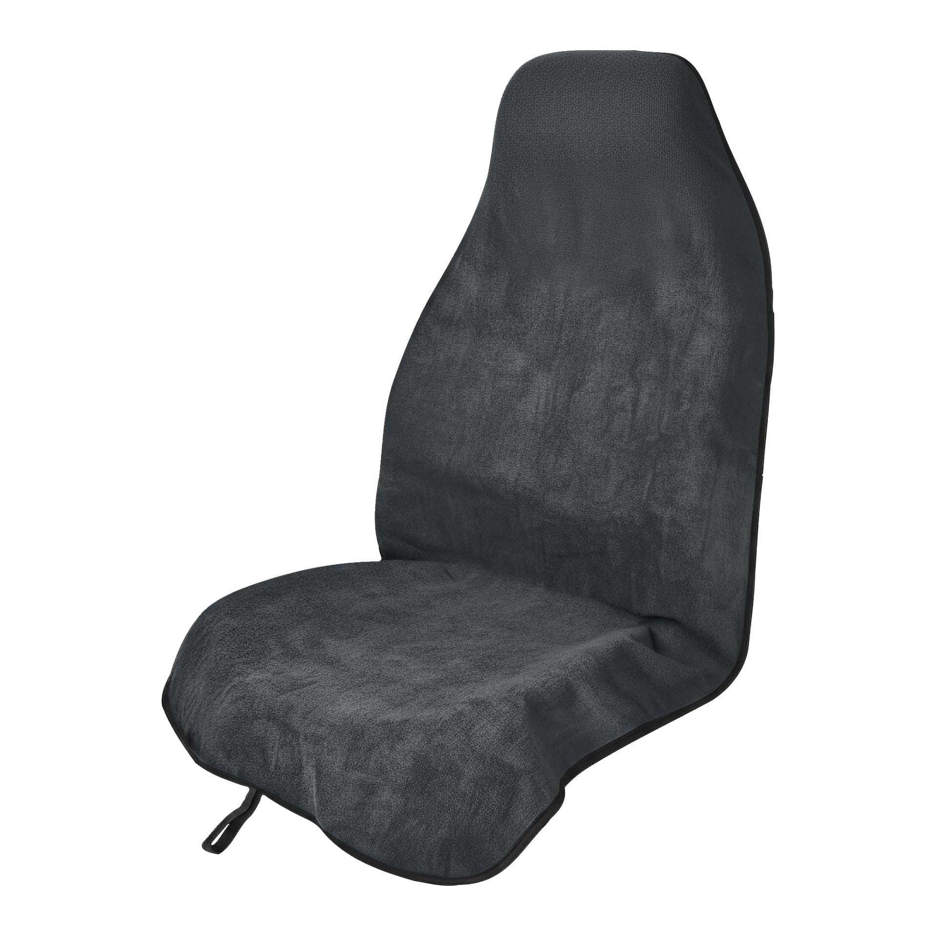 Ett svart Hamron-bilbarnstolsskydd med mjukt, texturerat tyg och en enkel, odekorerad design som gjorde en enda bilbarnstol.