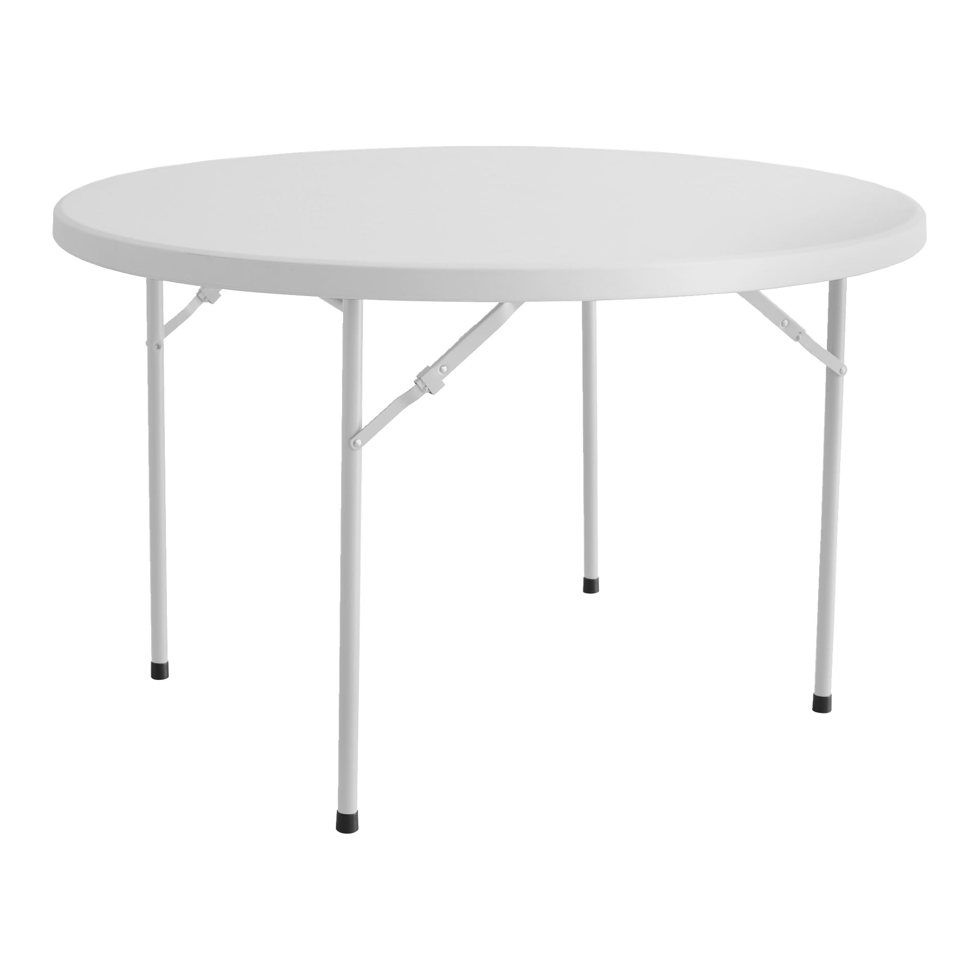 EKVIP Folding Table är runt och vitt med fyra metallben, svarta lock och stödstänger som förbinder benen med ovansidan.
