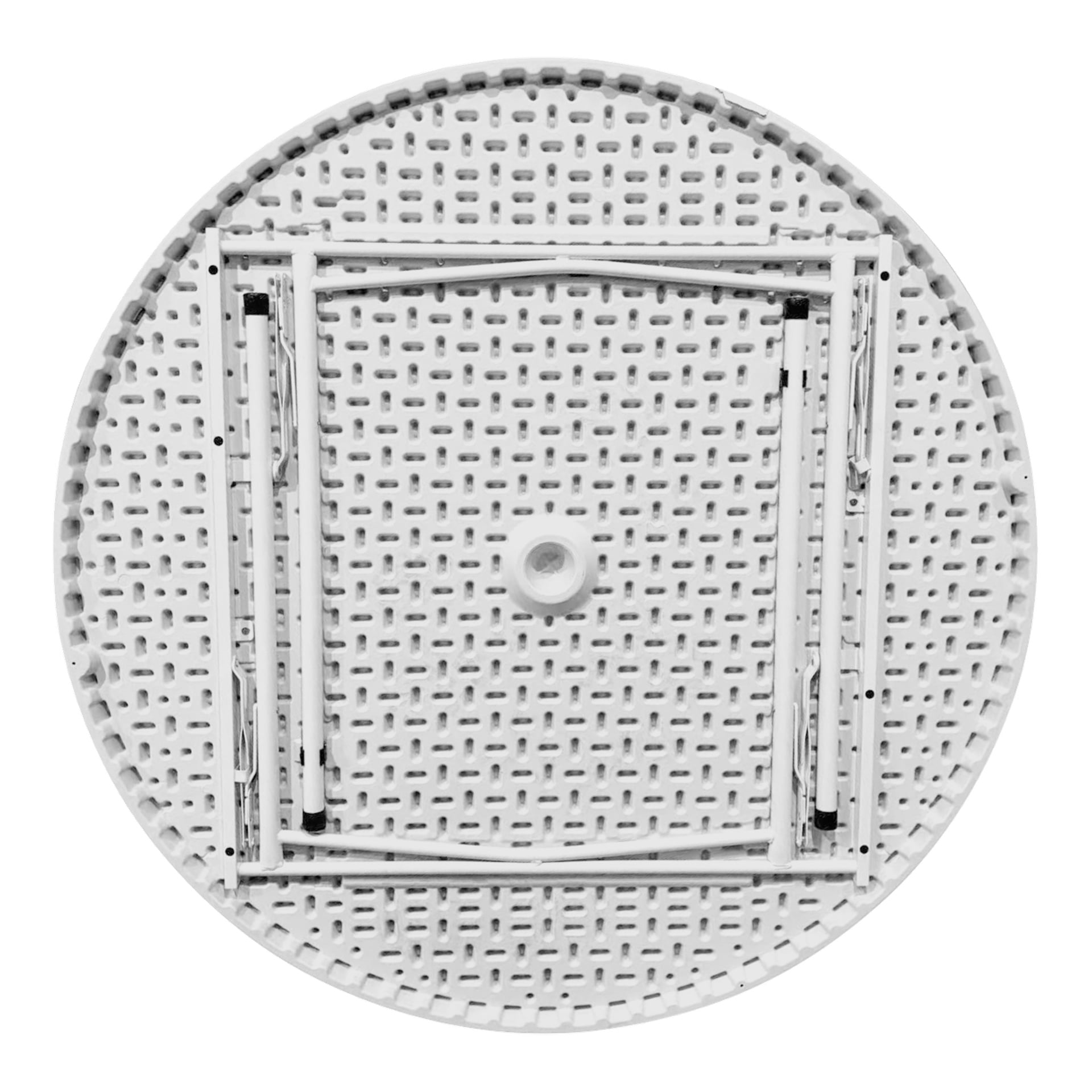 En vy från under EKVIP Fold-bordet, med sina metallben vikta platt mot den texturerade undersidan av den runda vita skivan.