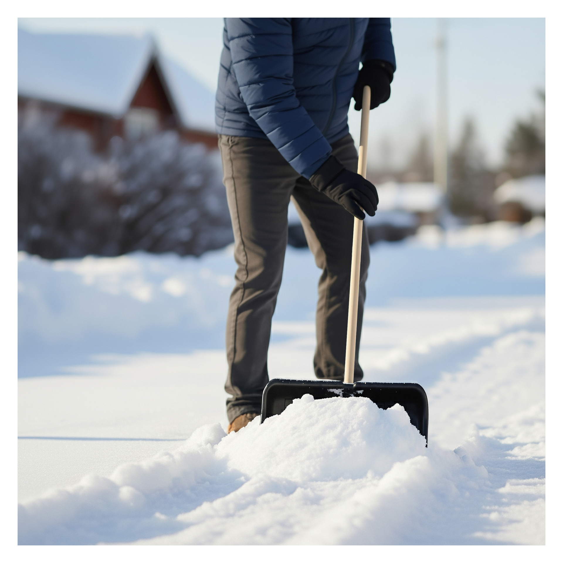 Iført blå jakke, hansker og grå bukser, rydder en person snø med en Hard Head snøskuffe; hus og trær bak.