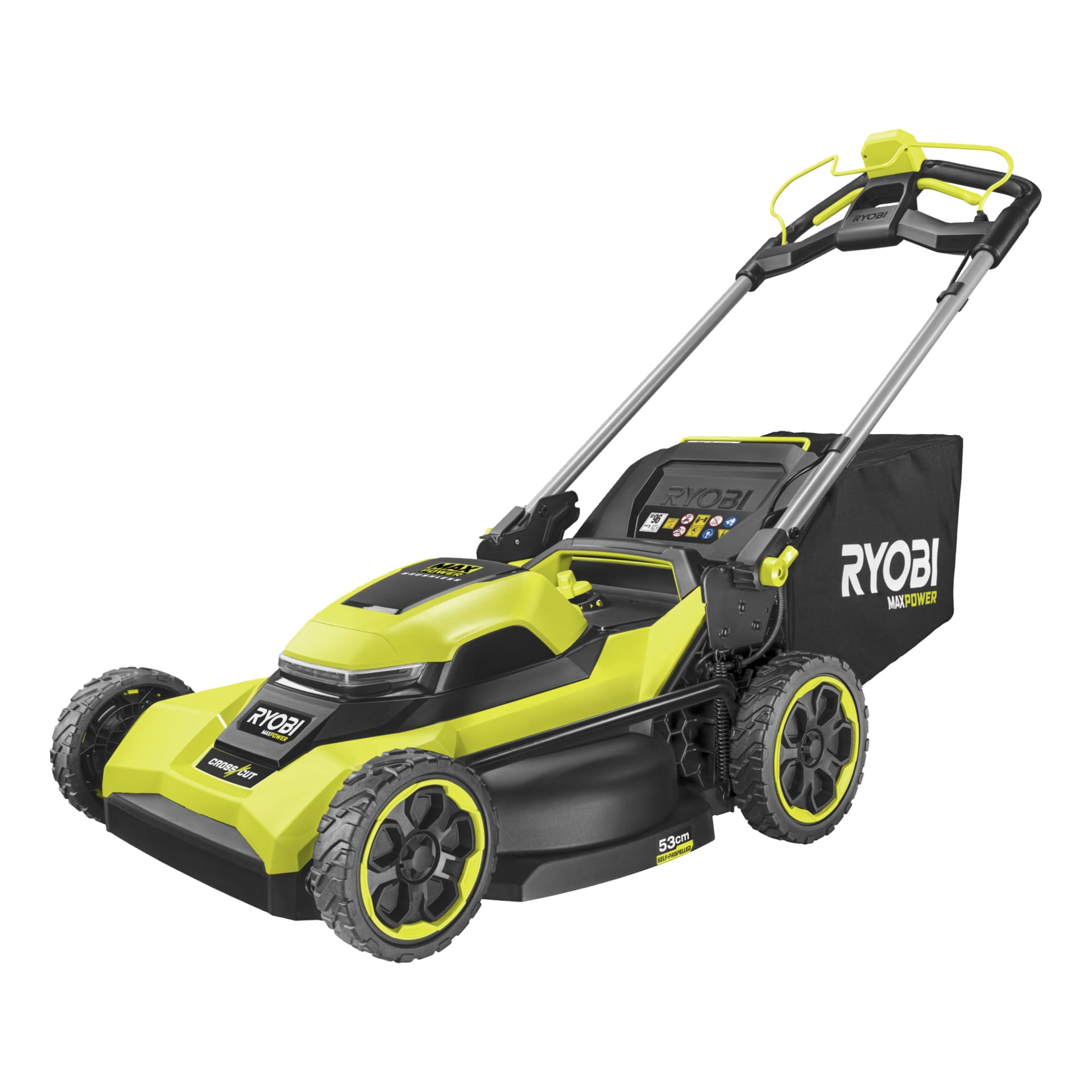 Ryobi Max Power RY36LMXSP53B-160 gräsklippare i limegrönt och svart, med stora bakhjul, grässäck, handtagskontroller och logotyp.