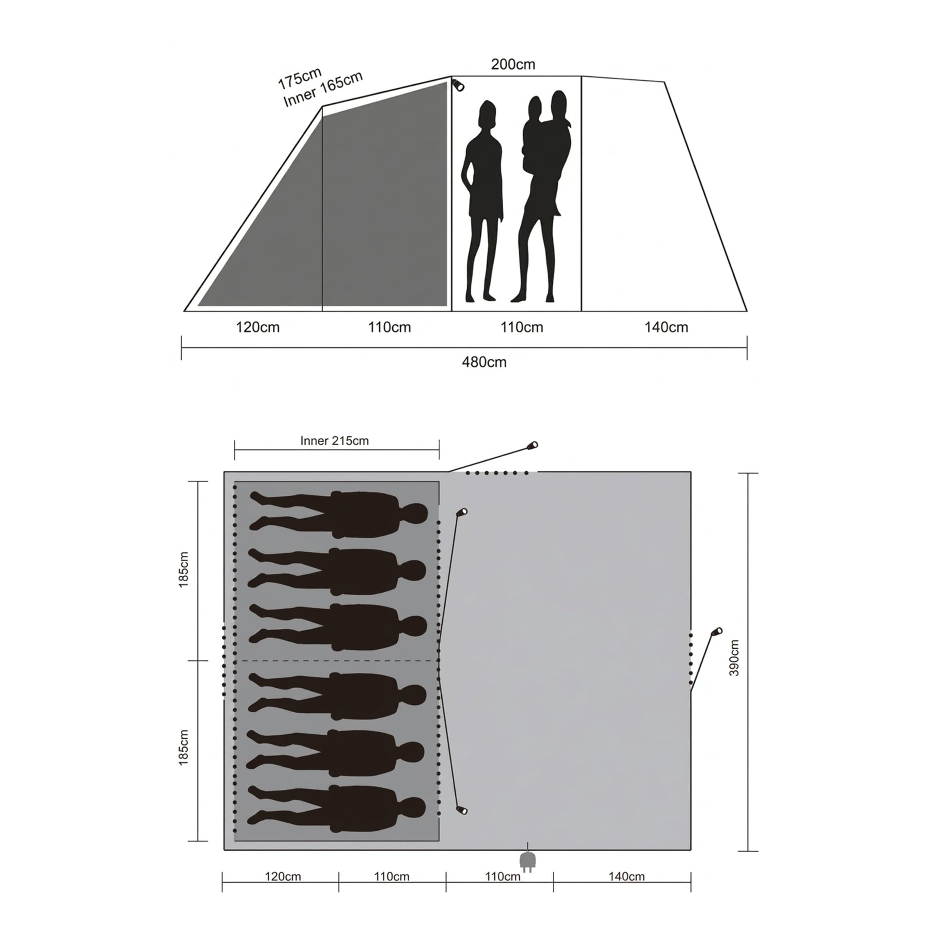 Ett diagram visar ett tält med märkta mått; Sidovy visar personer för skalan, ovansidan visar sex personer som ligger i två rum.